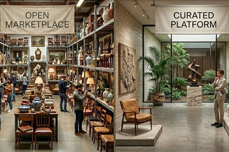 1stDibs vs Monde Singulier, marketplace ouverte comparée a plateforme de design curatée