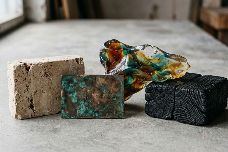 Collectible design materials, travertine, stone, bronze resin and wood textures