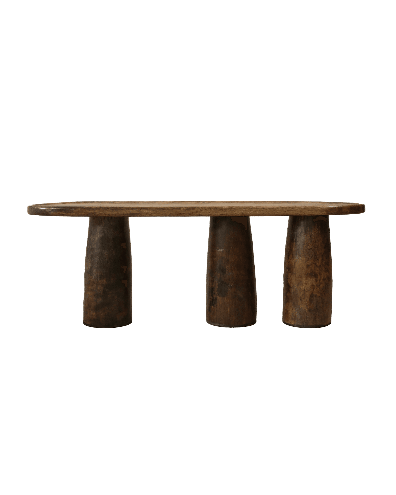Arche console table in dark wood with oval slab top and three cylindrical legs, Orbite by Altin Studio