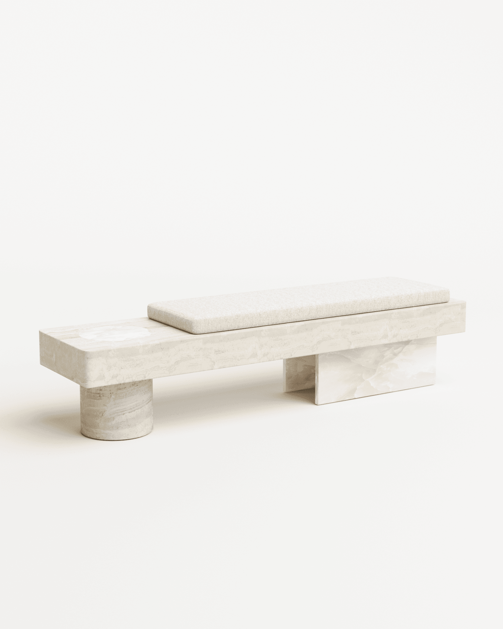 Salvante BS1 bench by Piotr Dabrowa, travertine top with linen cushion, asymmetric cylindrical and slab stone base
