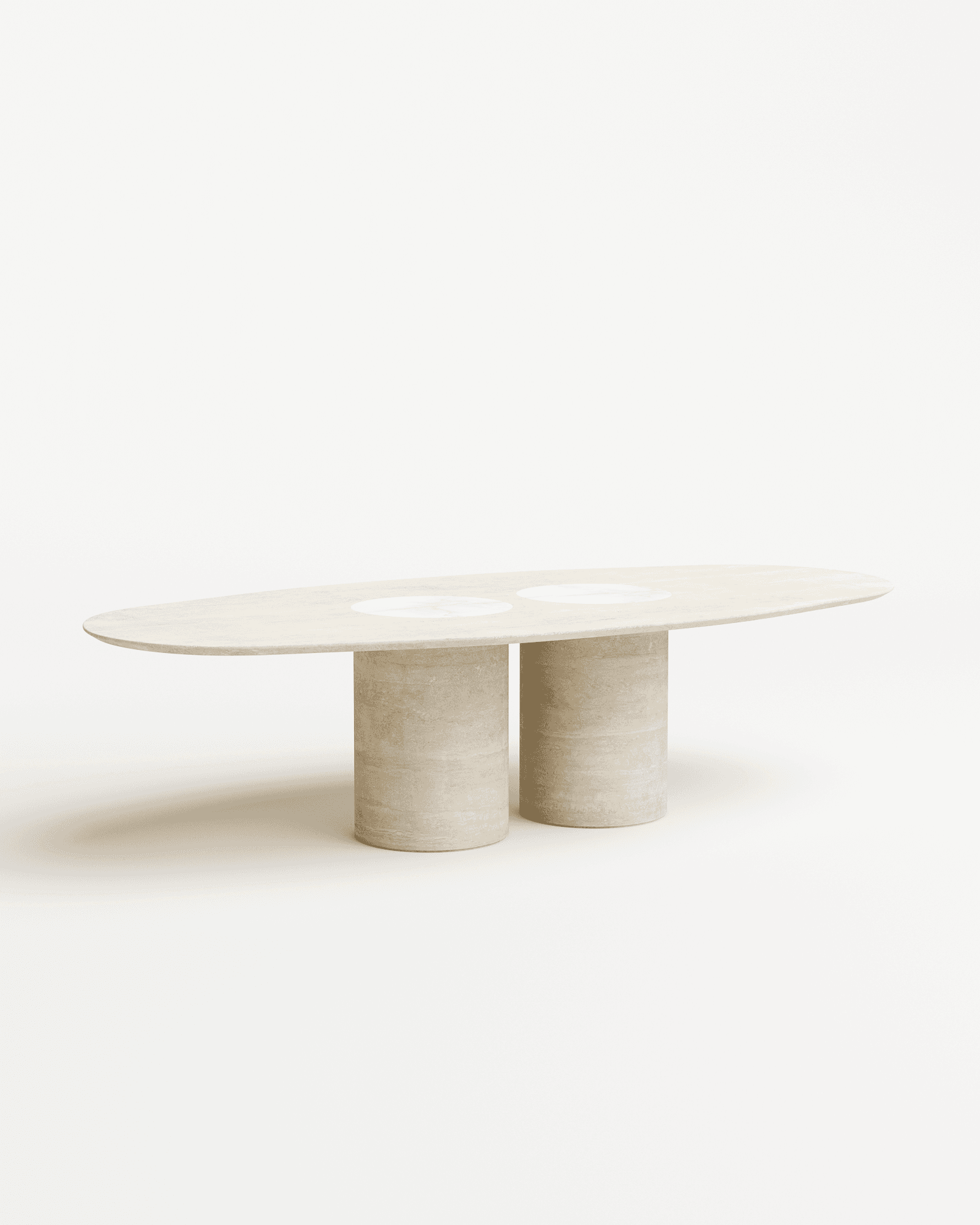 Salvante D1 dining table by Piotr Dabrowa, oval travertine top on two cylindrical bases with circular onyx inlays