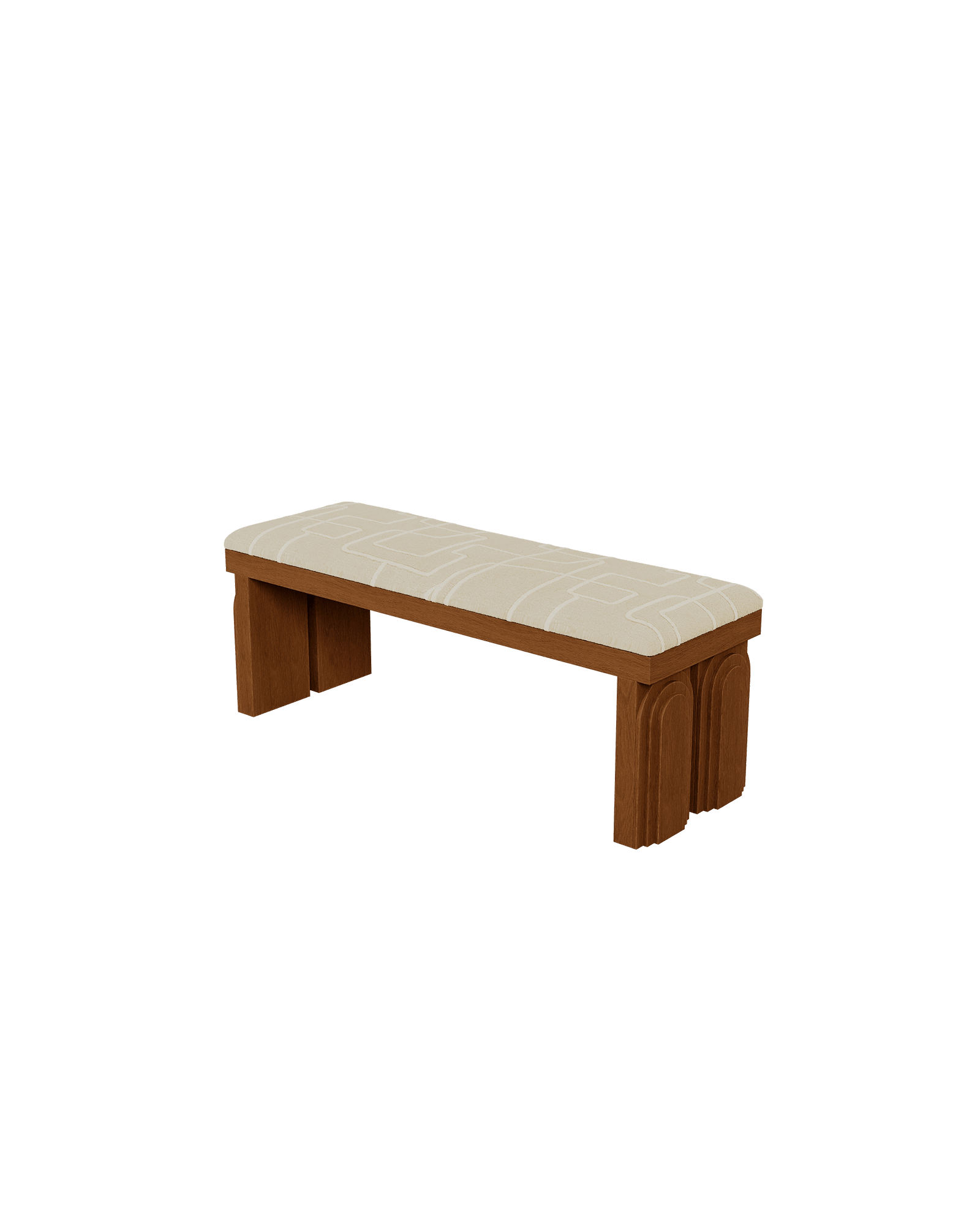 Low upholstered bench with arched wood legs, Arcade collection by Yellen Boisseau, French designer