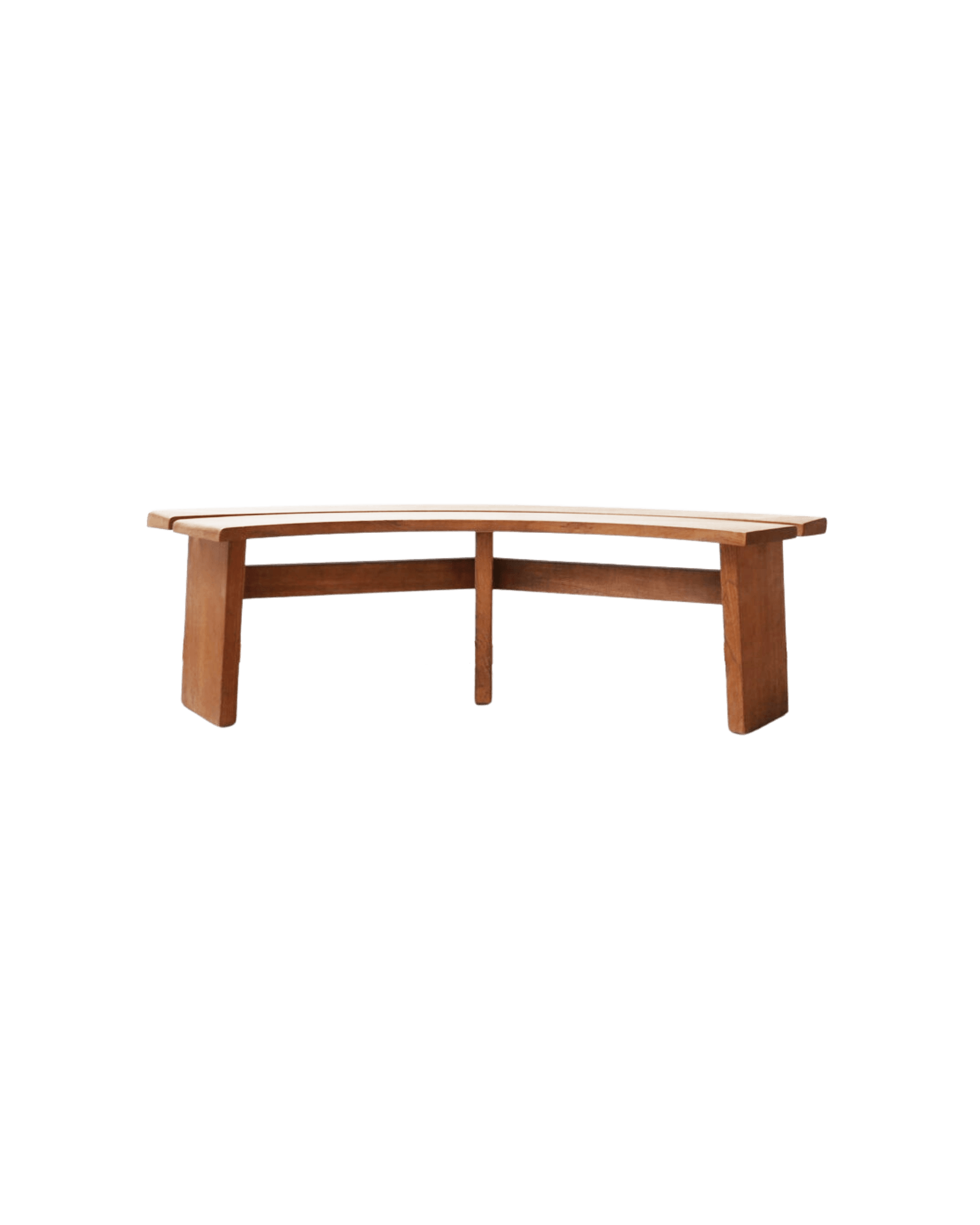 Pierre Chapo S38 bench, two curved warm oak planks on three flat rectangular legs with central support, by Chapo Création
