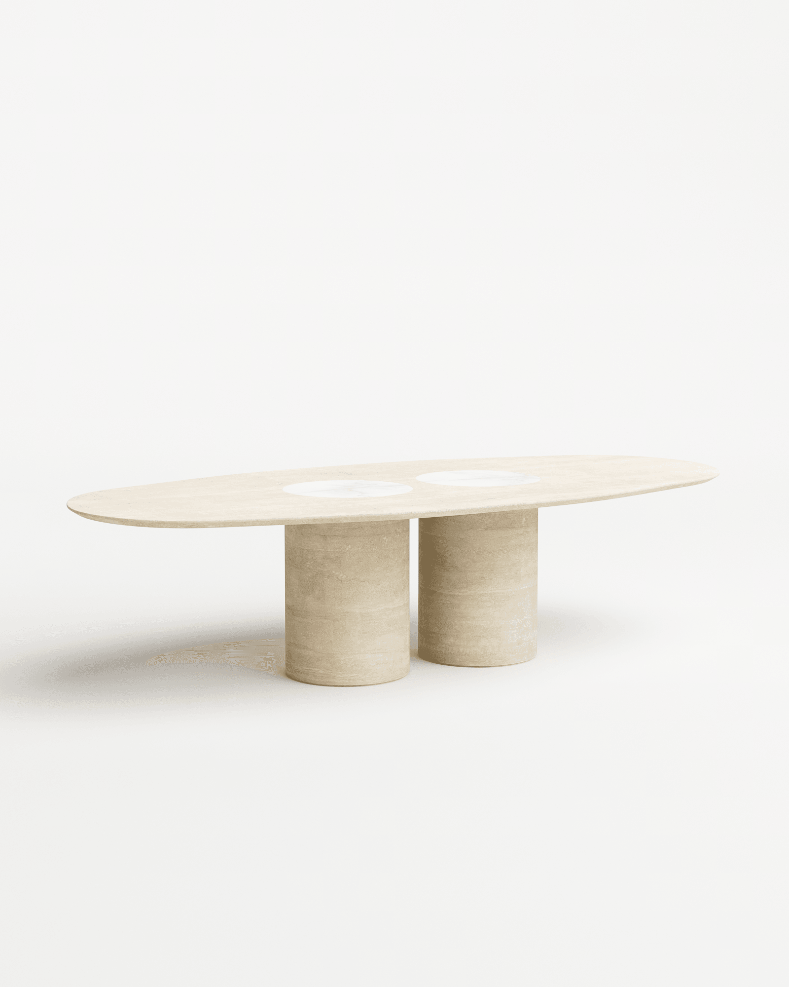 Salvante D1 dining table by Piotr Dabrowa, oval travertine top on two cylindrical bases with circular onyx inlays
