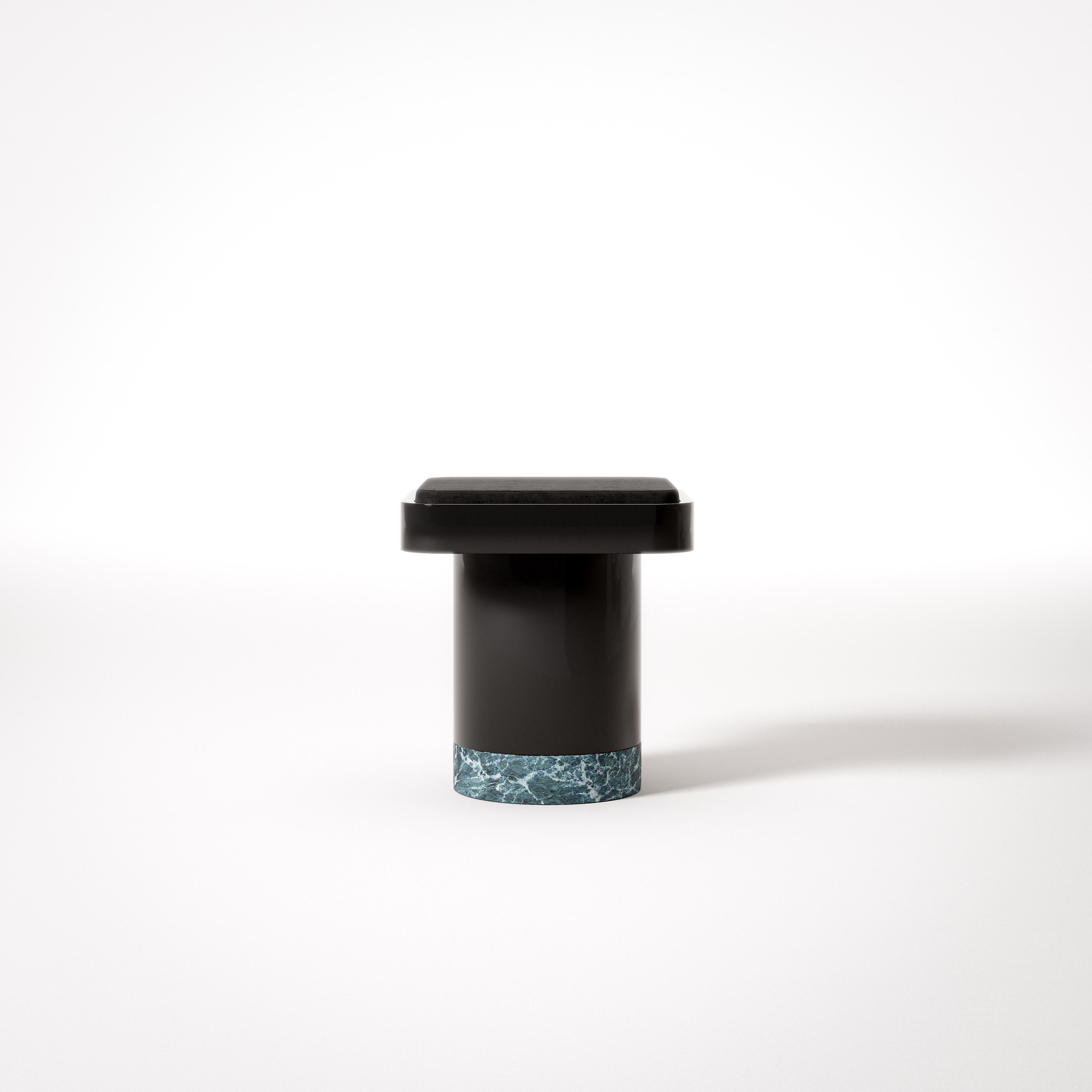 Eros T-shaped accent piece by Giulio Zizzari – matte black top, teal marble base, Urano collection
