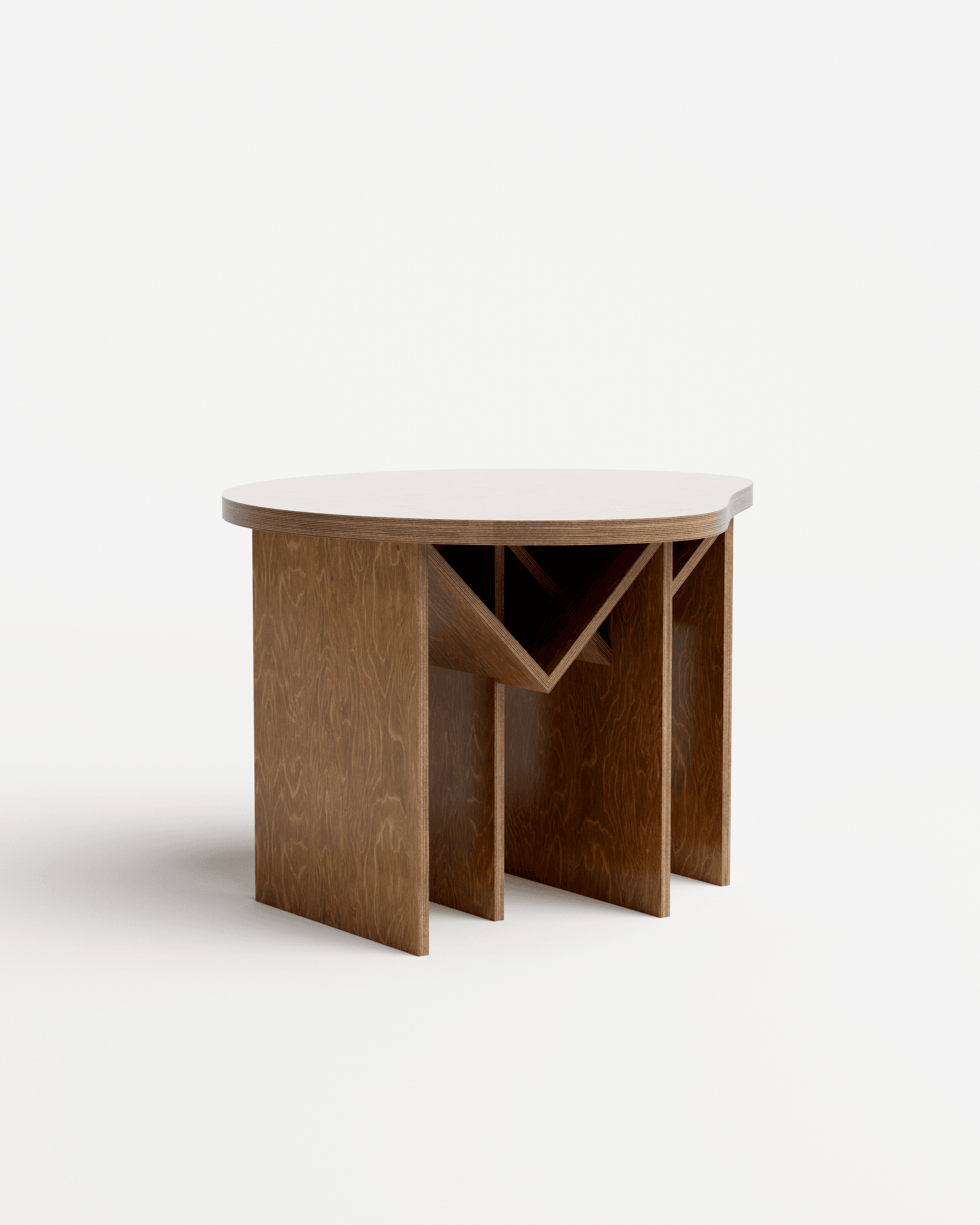 You & Me Table by Goons - plywood entry table, angular triangular void base and light flat top