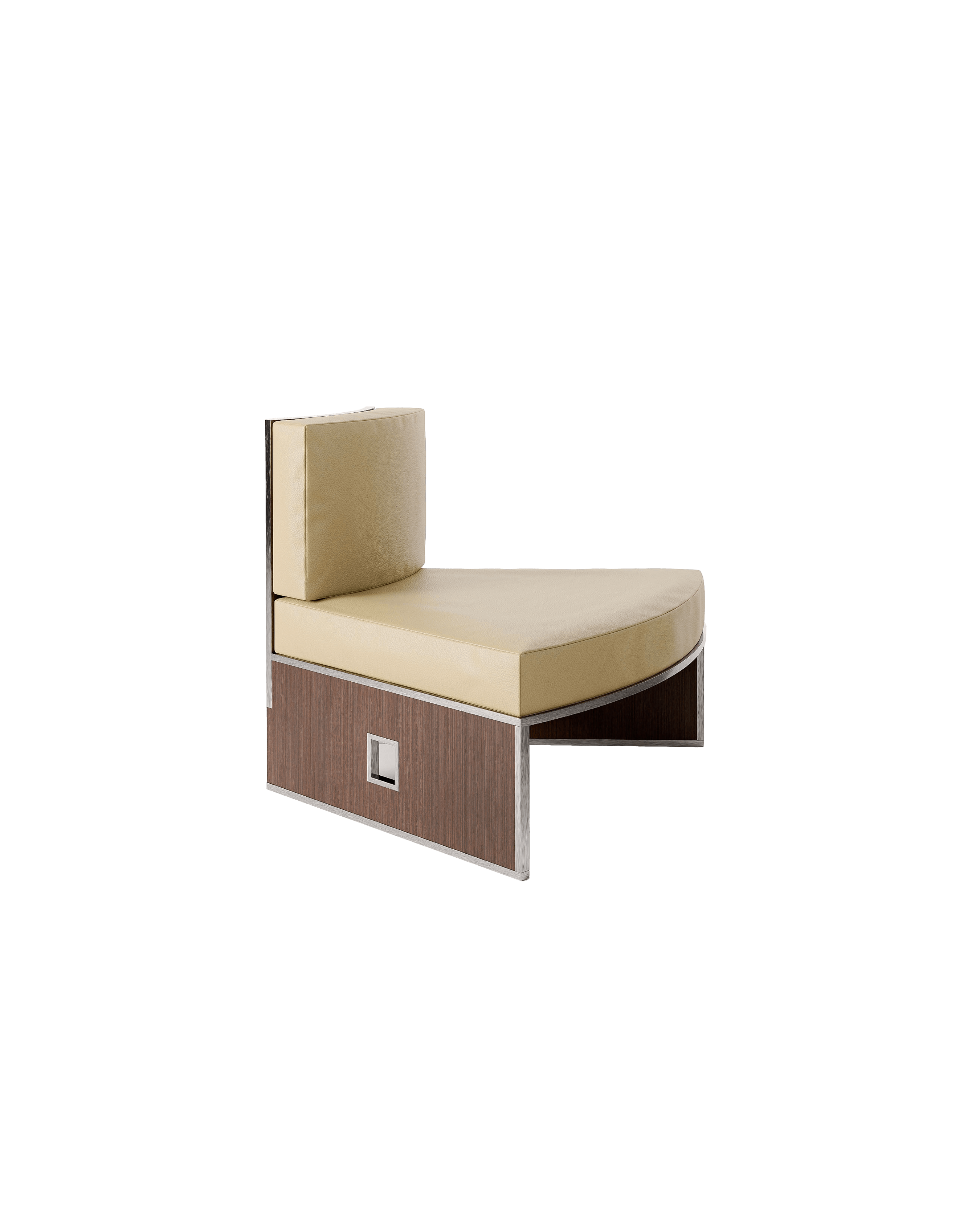 2093 Armchair A by Garance Vallée - quarter-circle modular seat, beige upholstery, wood veneer base and silver metal frame