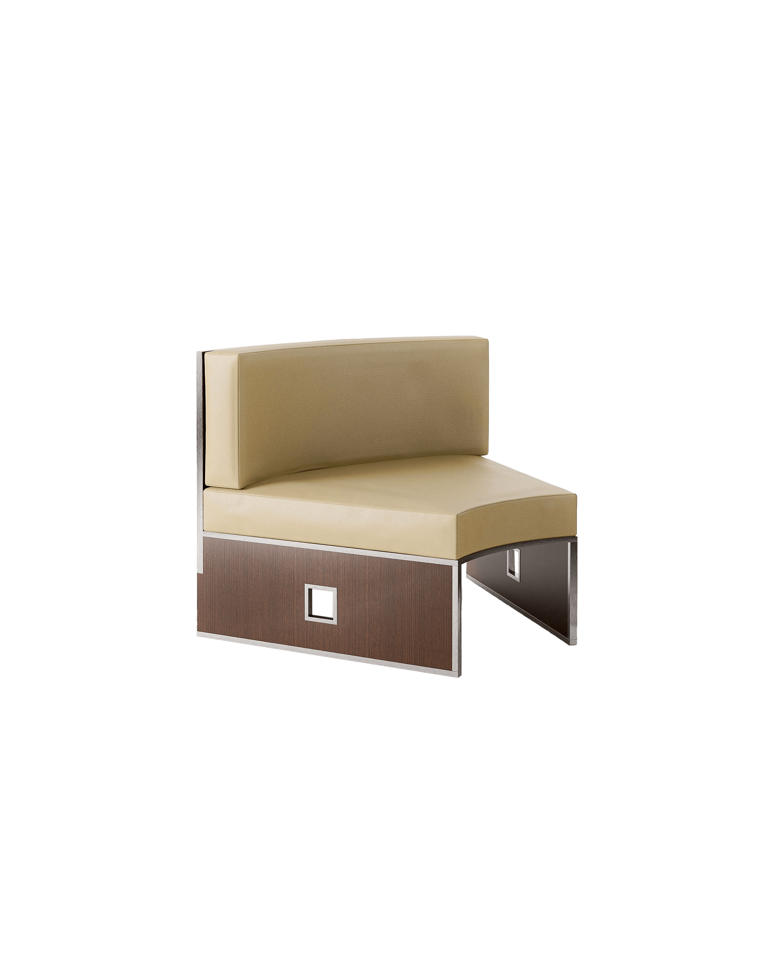 2093 Armchair B by Garance Vallée - armless banquette, beige upholstery, dark wood paneling and brushed metal frame