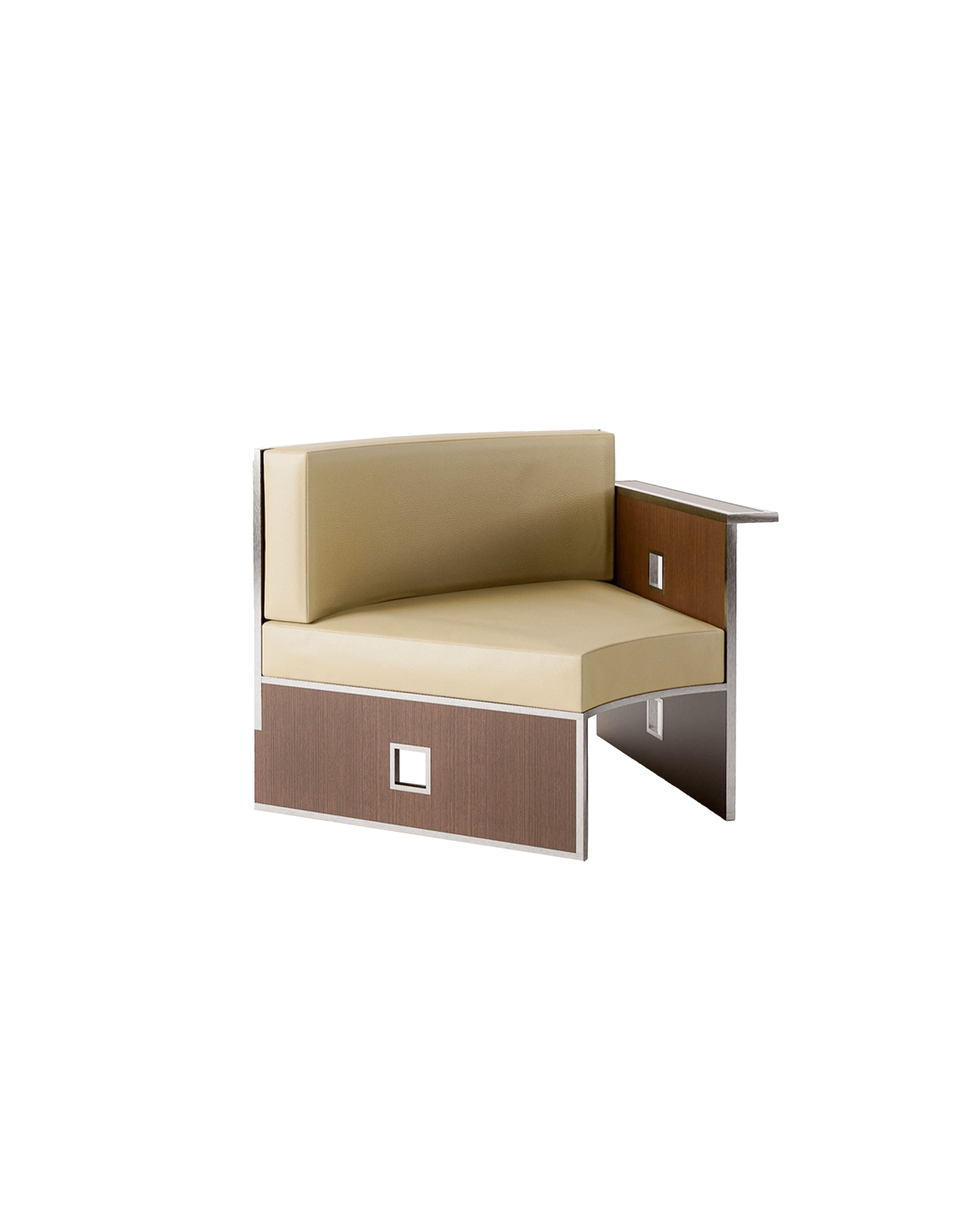 2093 Armchair C by Garance Vallée - modular seat, tan upholstery, brown wood panels with square cutouts and silver metal trim