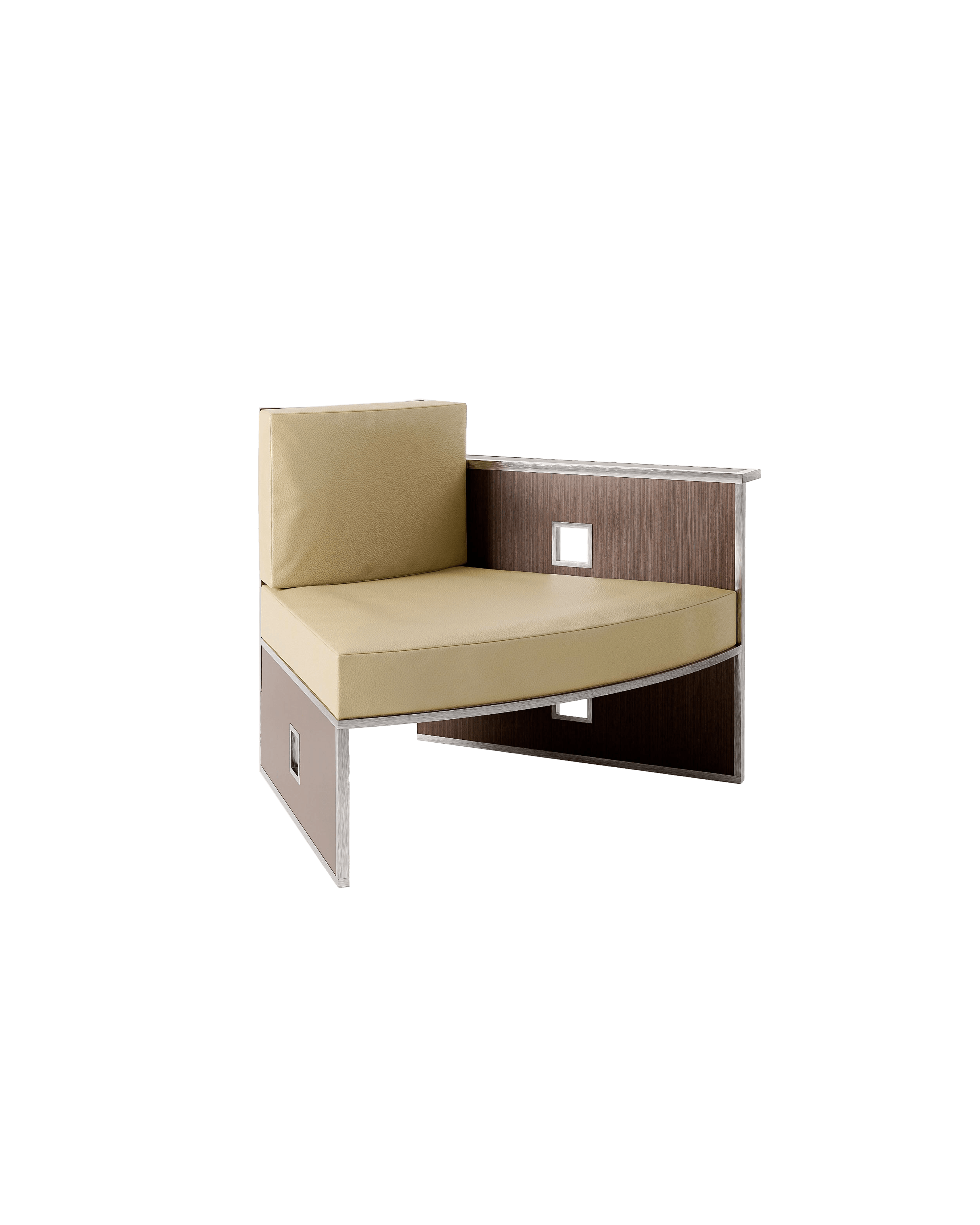 2093 Armchair D by Garance Vallée – modular seat, beige upholstery, dark wood veneer, silver metal trim, square cutouts