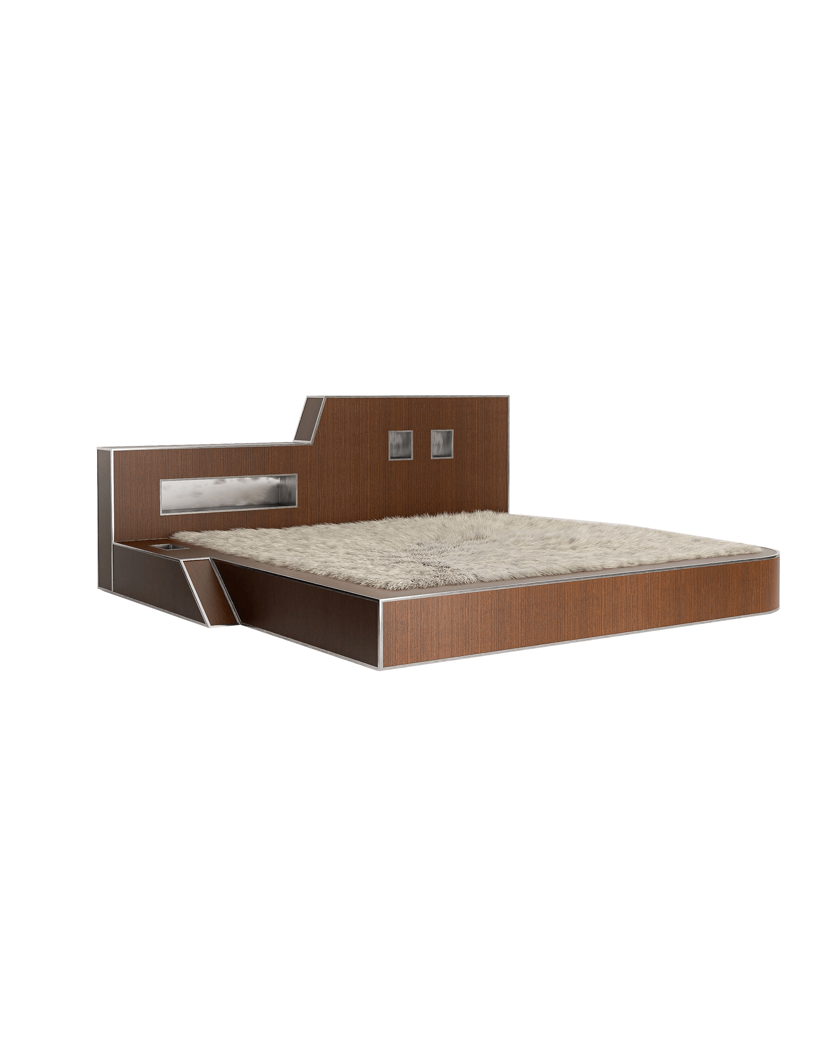 2093 Bed by Garance Vallée – low platform bed, dark wood, silver metal trim and extended mirrored headboard