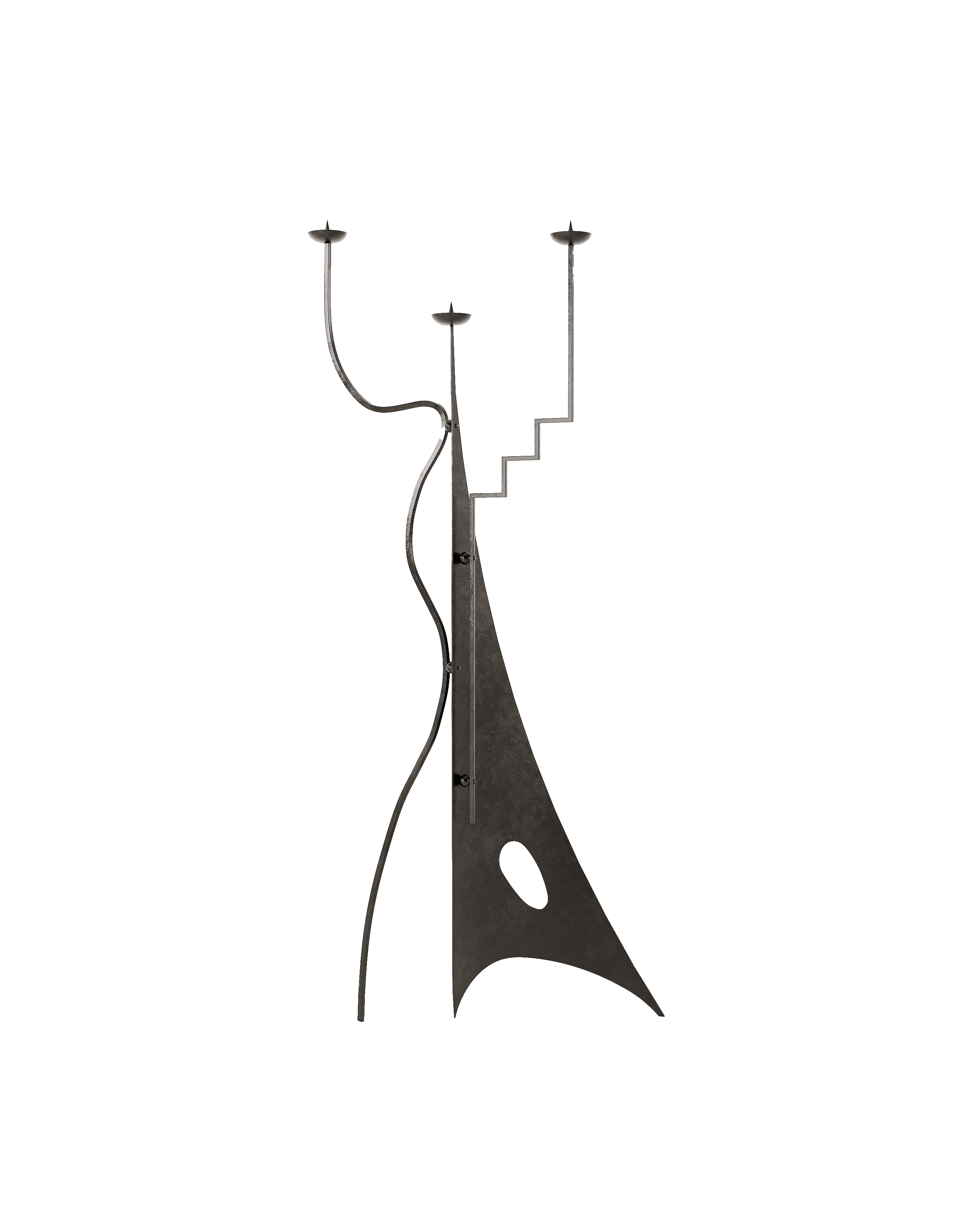 2093 Chandelier by Garance Vallée – dark metal candelabra, triangular base, asymmetric arms and three candle holders