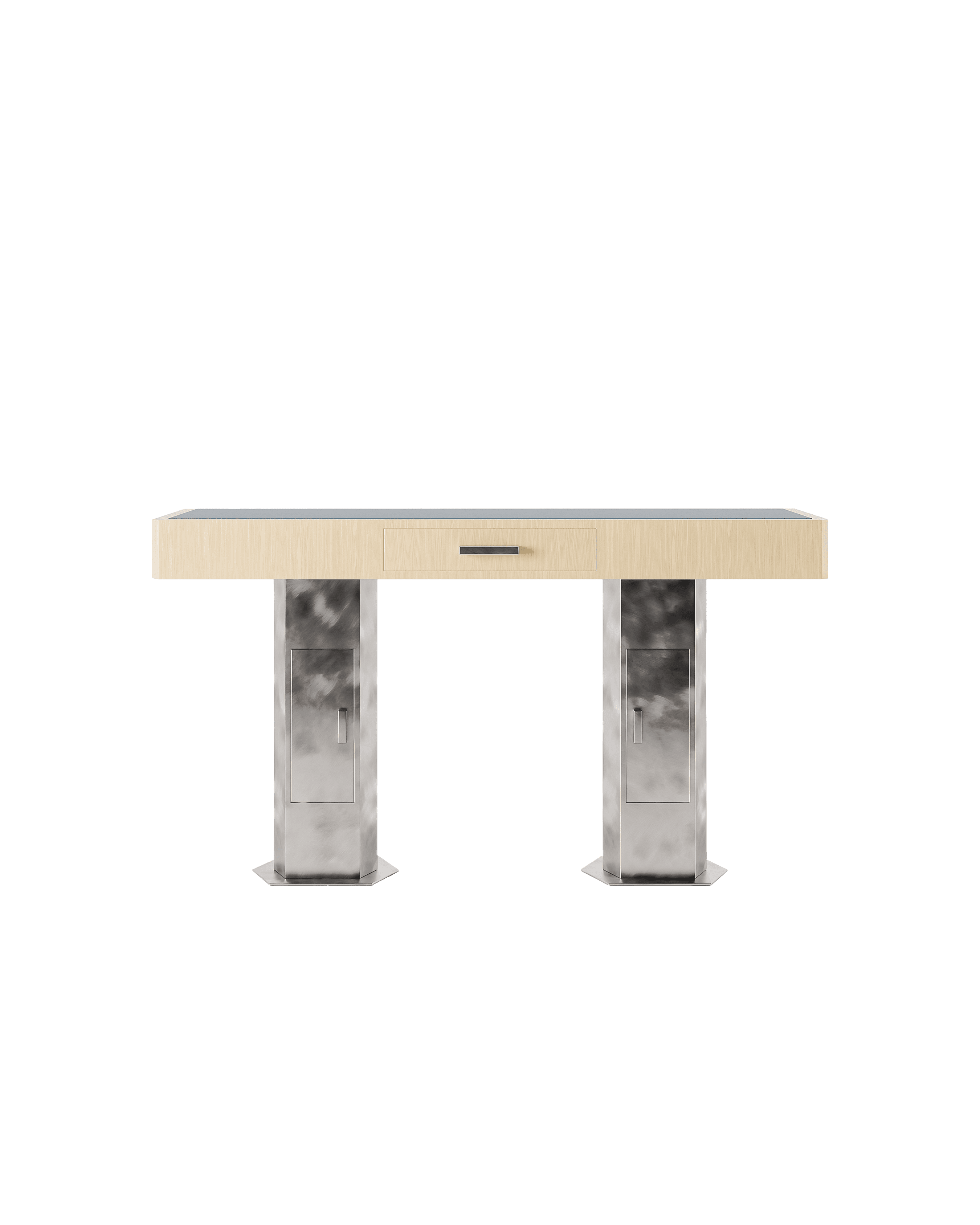 2093 Console by Garance Vallée - light wood table with dark stone top, central drawer and hexagonal silver metal pedestals