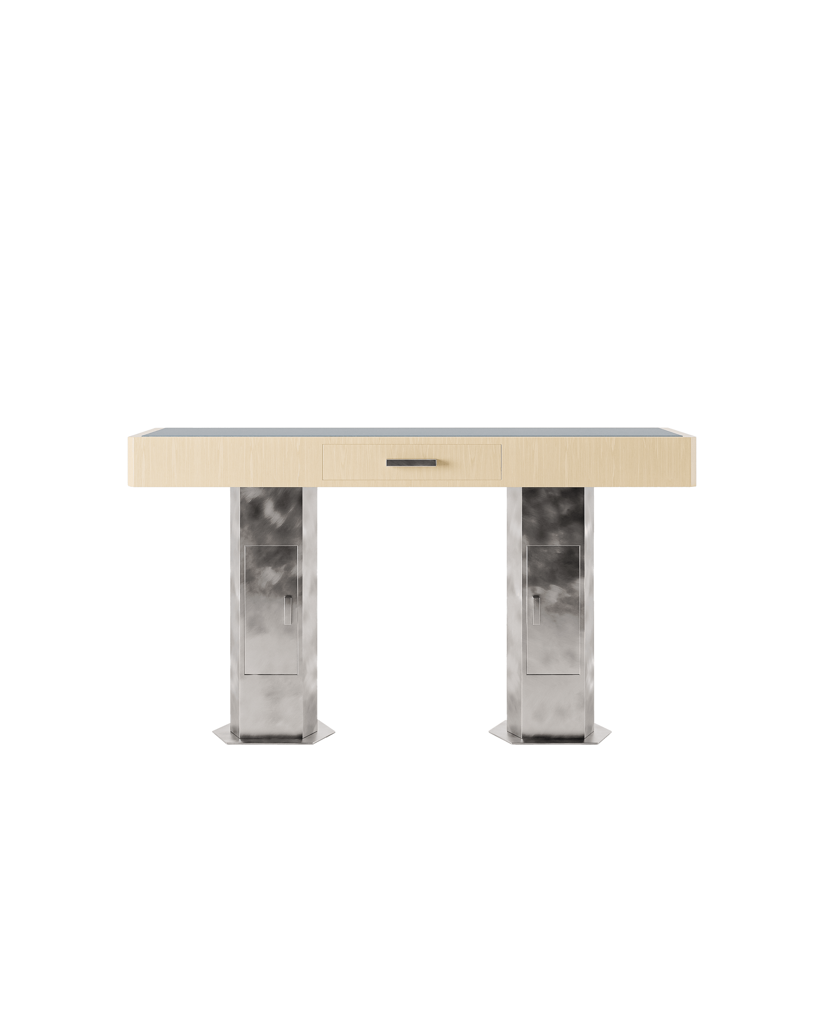 2093 Console by Garance Vallée - light wood table with dark stone top, central drawer and hexagonal silver metal pedestals