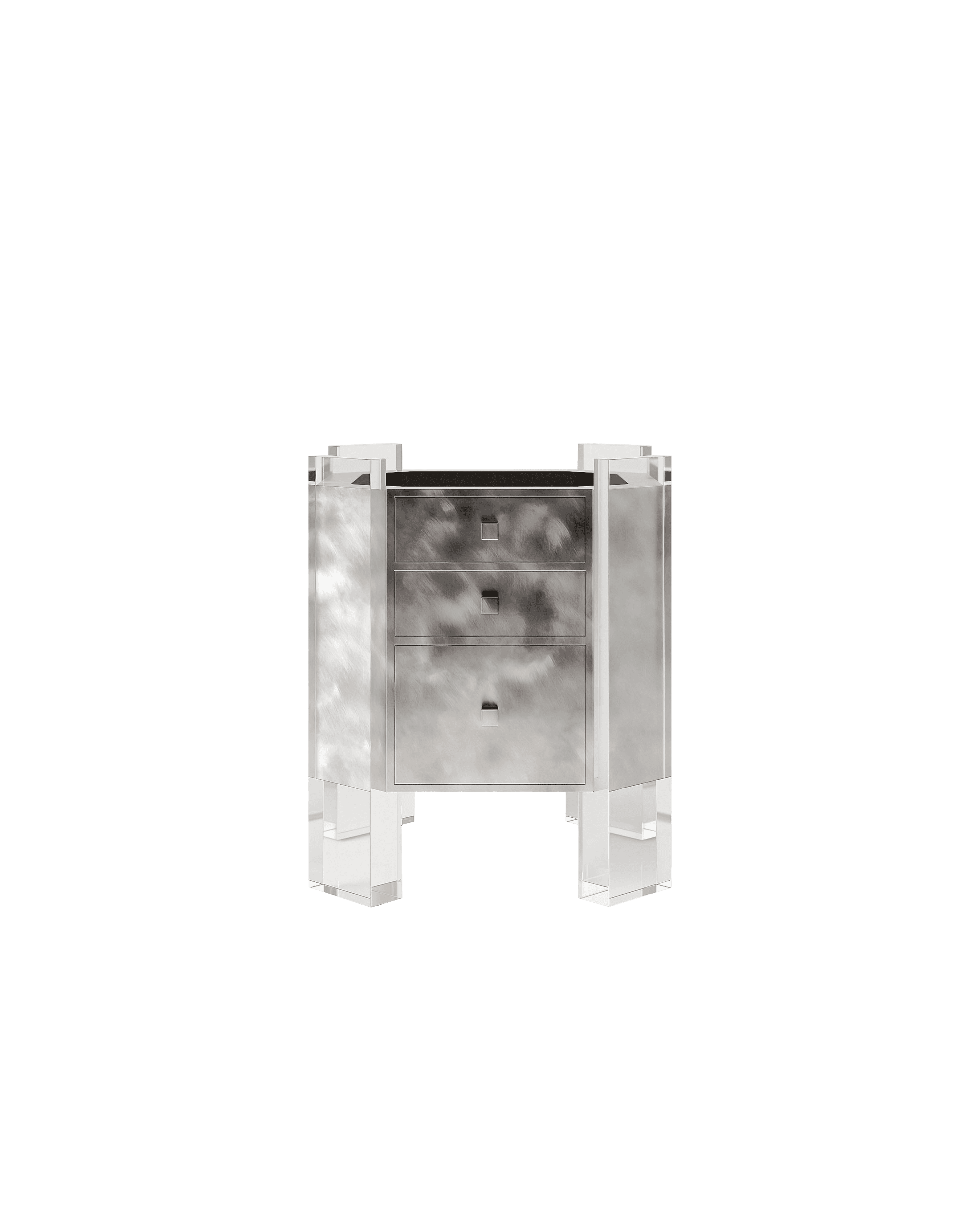 2093 Side Table by Garance Vallée – three-drawer mirrored cabinet with faceted acrylic legs and small square drawer pulls