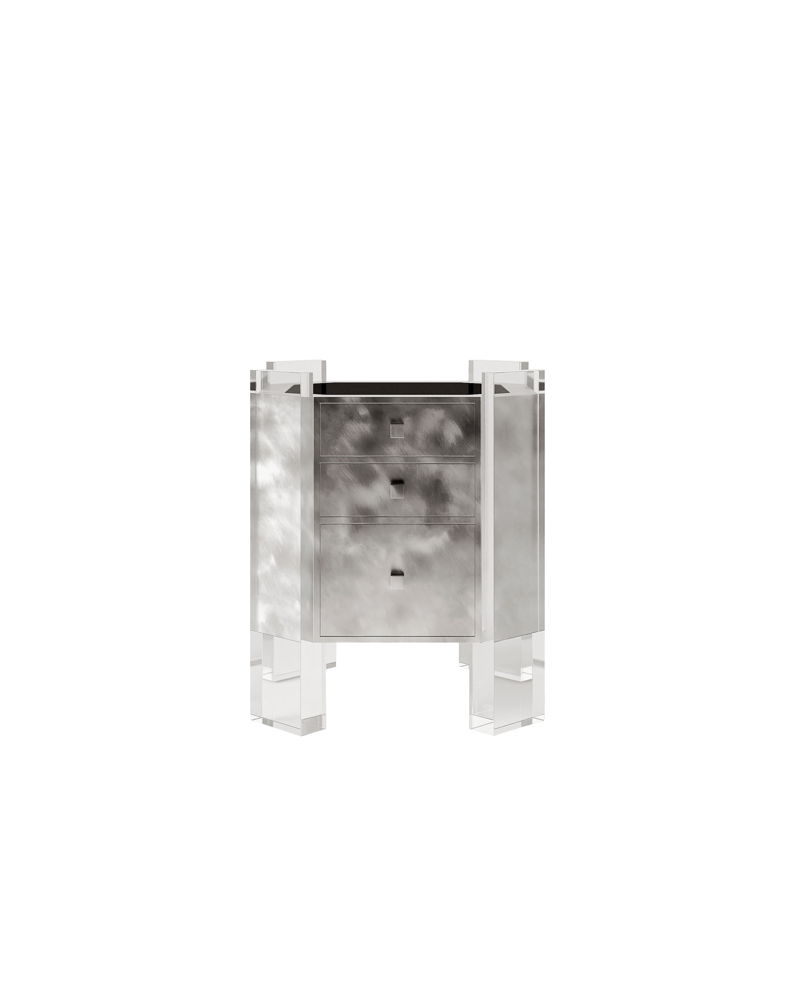 2093 Side Table by Garance Vallée – three-drawer mirrored cabinet with faceted acrylic legs and small square drawer pulls