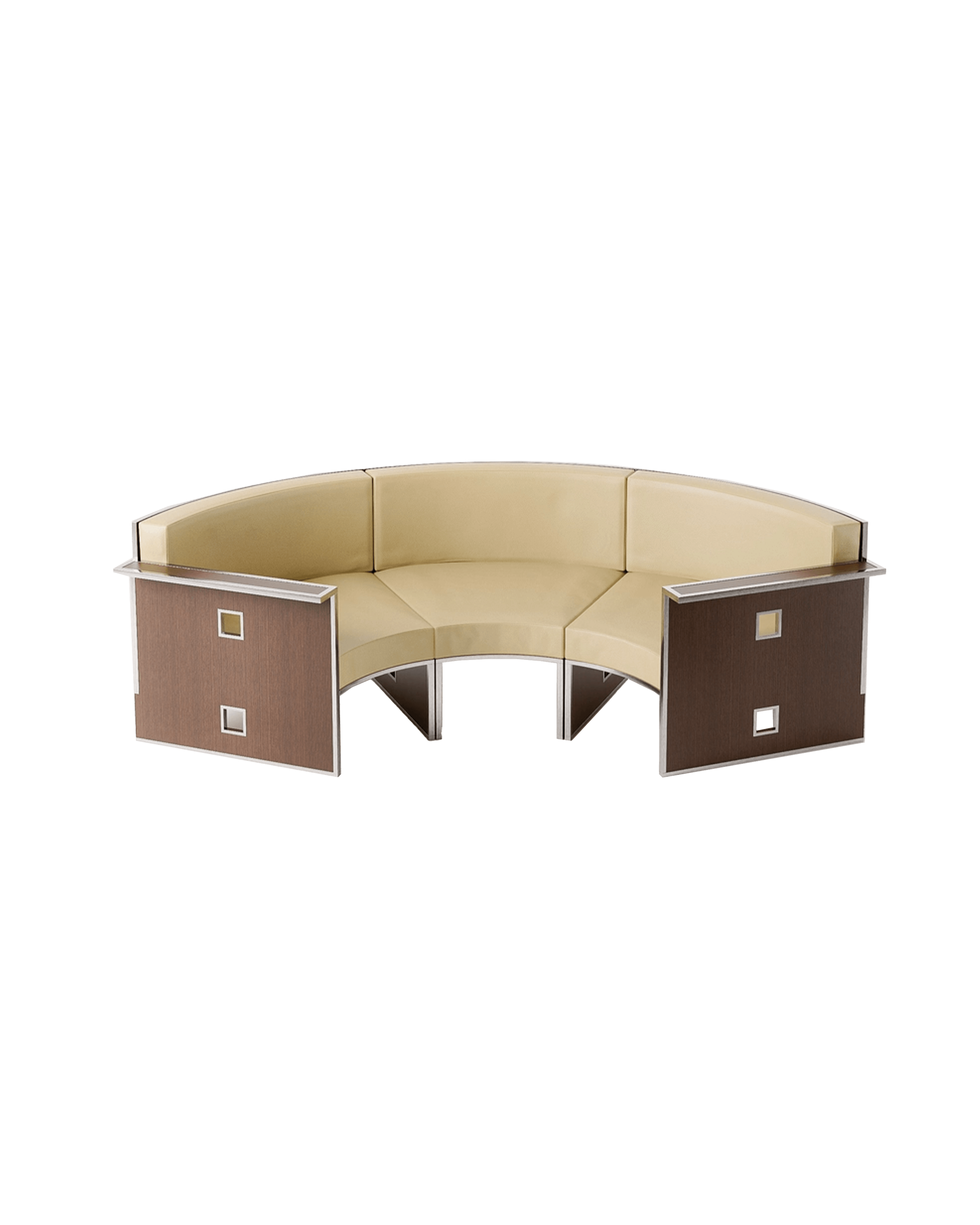 2093 Sofa by Garance Vallée - curved modular sofa, beige upholstery, dark wood veneer end panels and silver metal trim