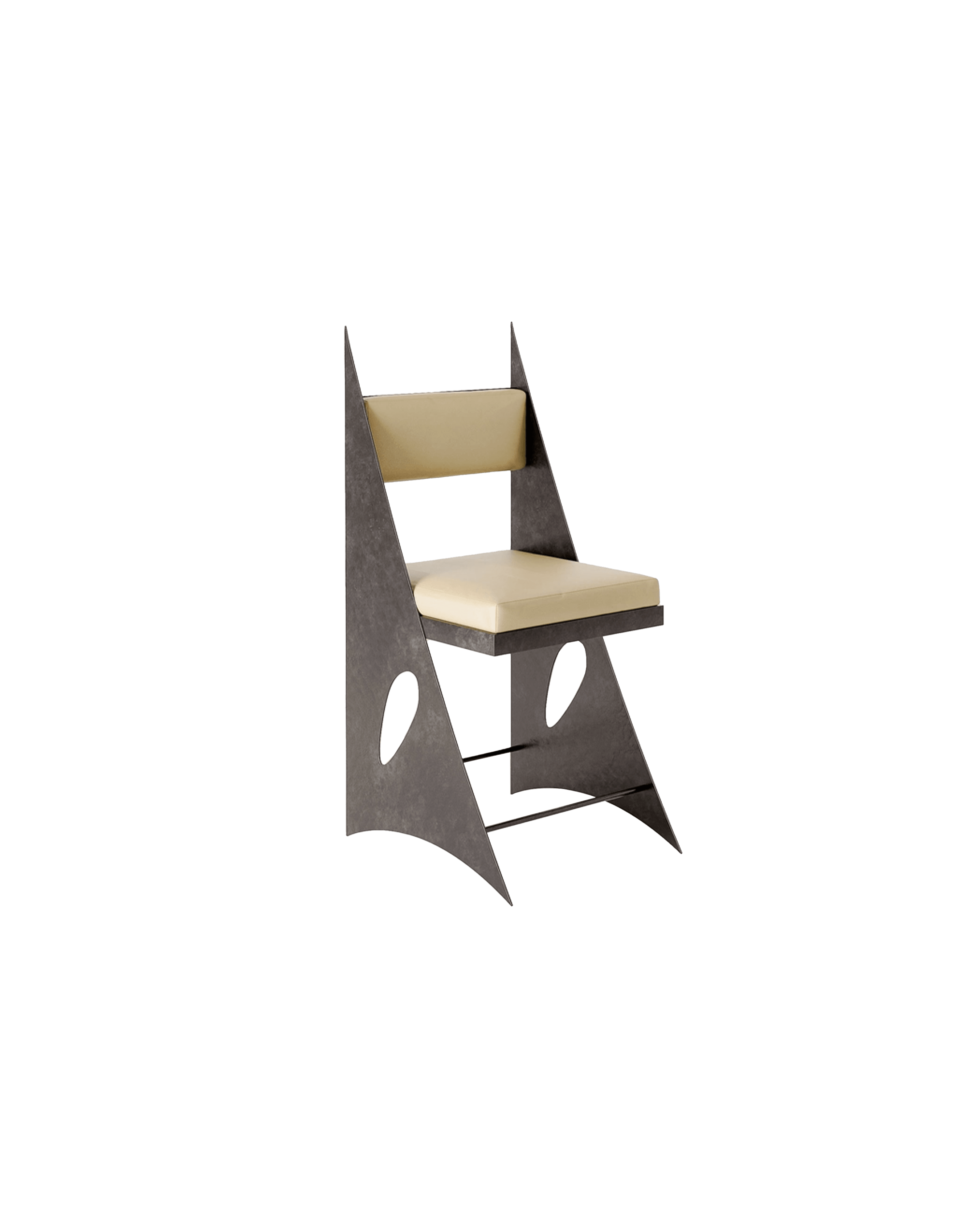2093 Steel Chair by Garance Vallée – distressed metal triangular frame, oval cutouts and beige textile seat