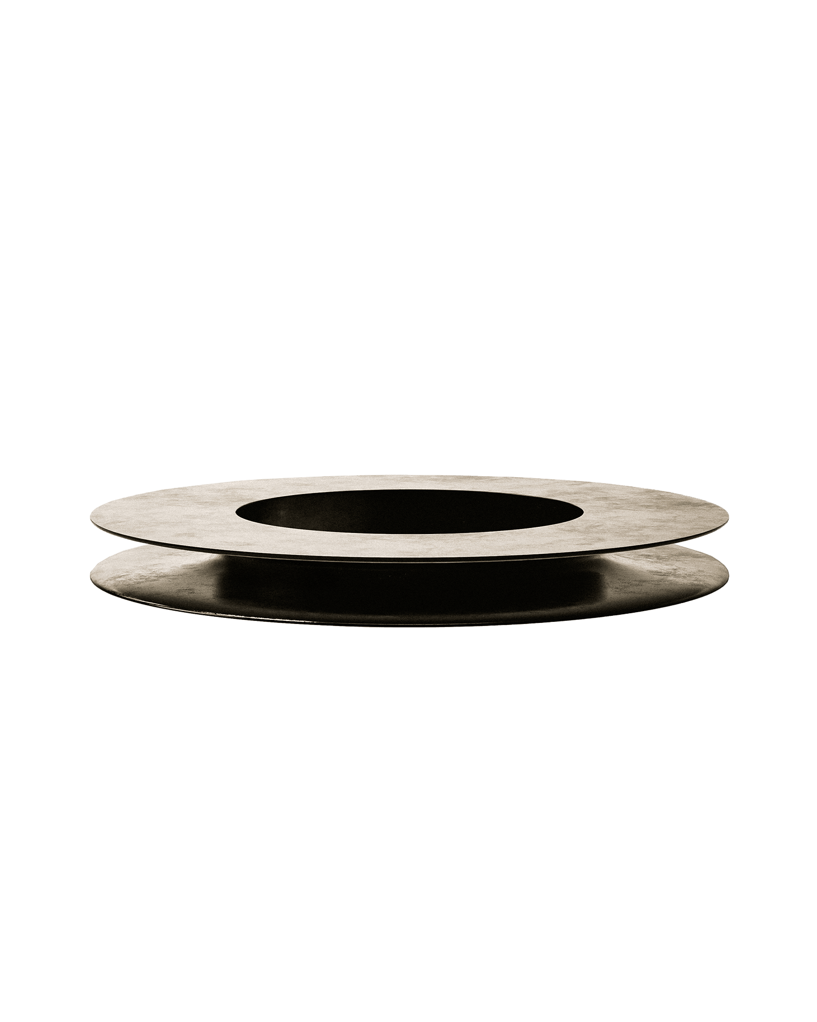 AR03 ESE table by Amare, two concentric discs in dark weathered steel, industrial brutalist design, Tuscany