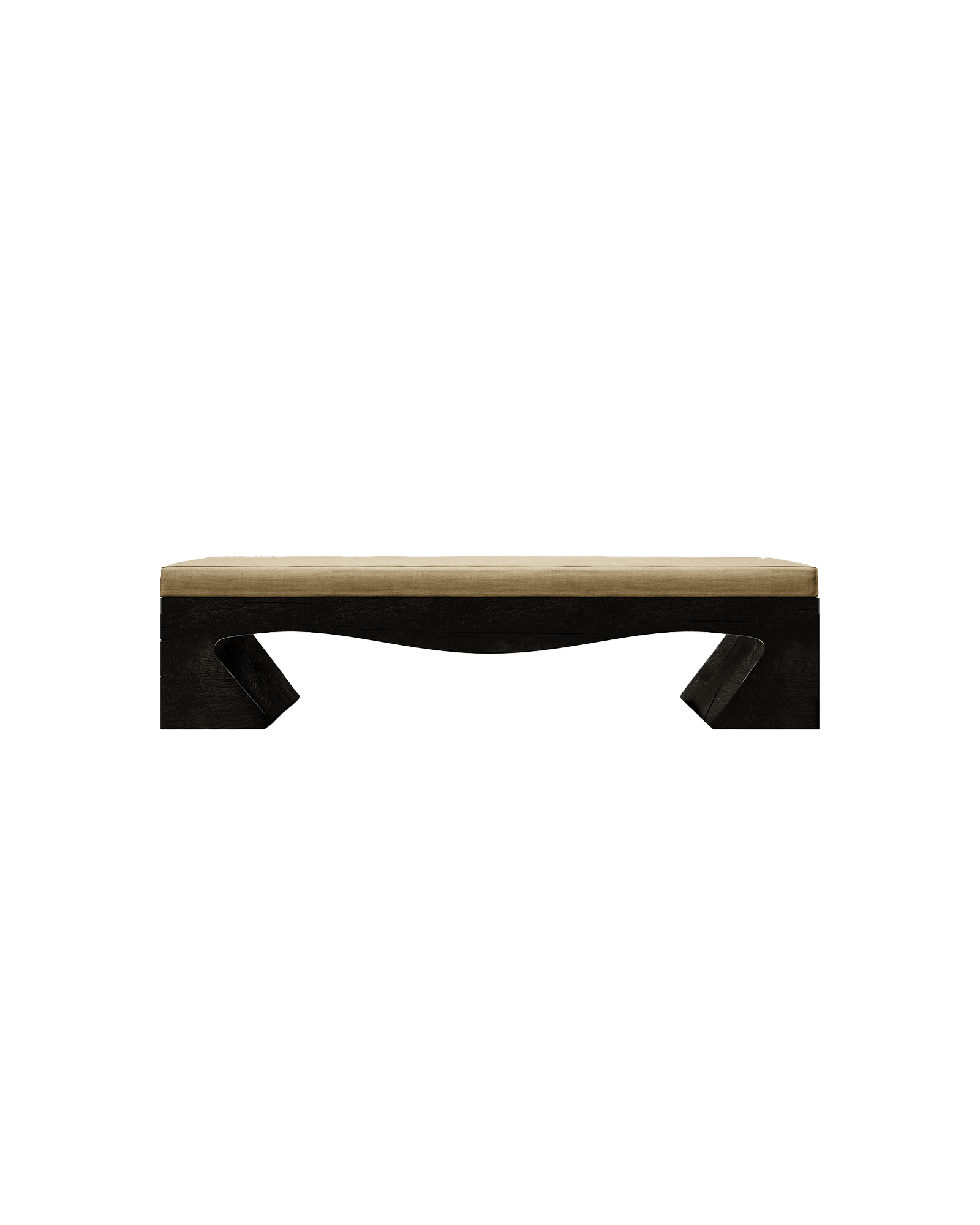 AR04 ESE bench by Amare, dark wood base with inward-curving sculptural supports, beige textile cushion, Italy