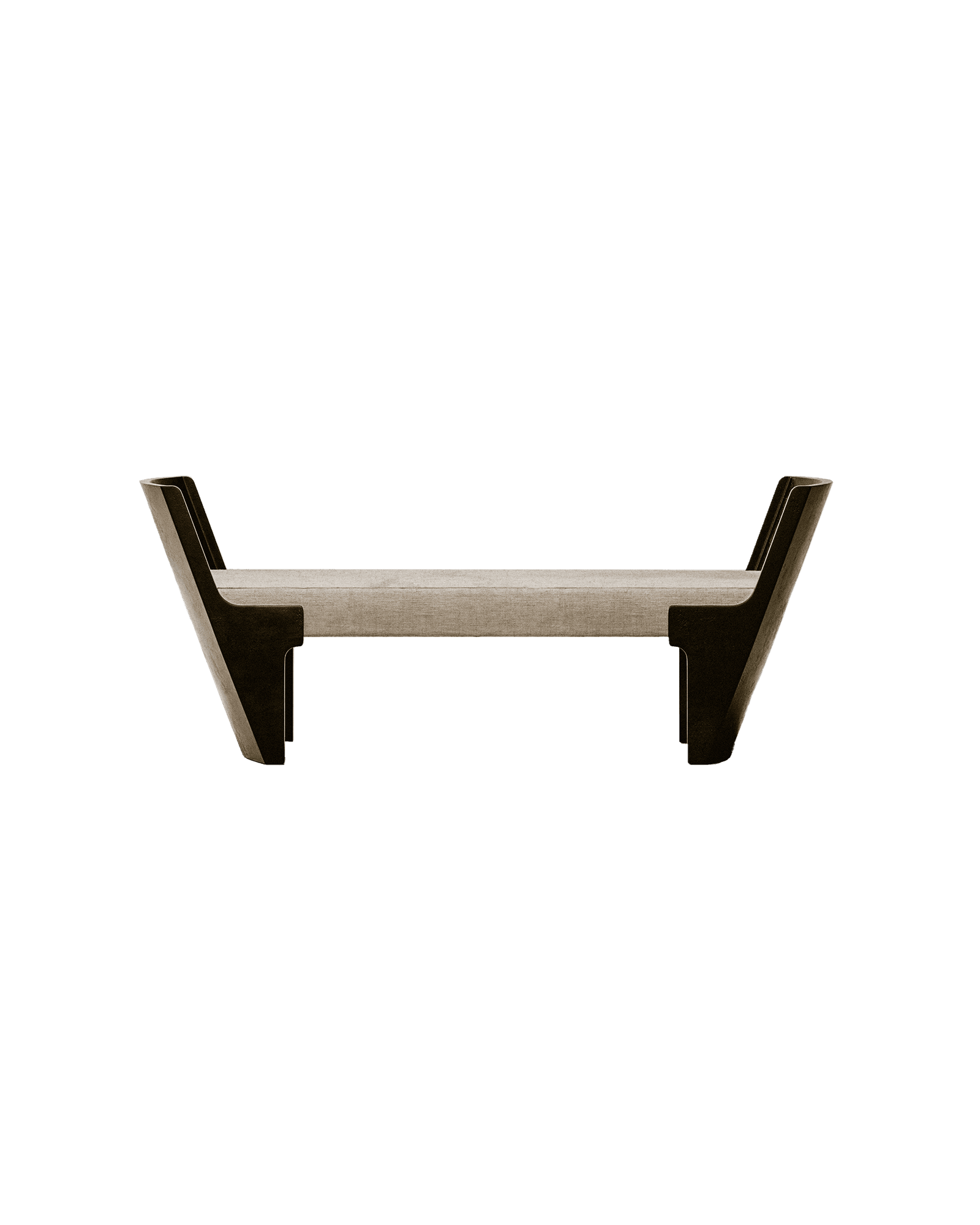 AR05 ESE bench by Amare, light beige textile seat with dark wood wing-shaped end supports, brutalist Italian design