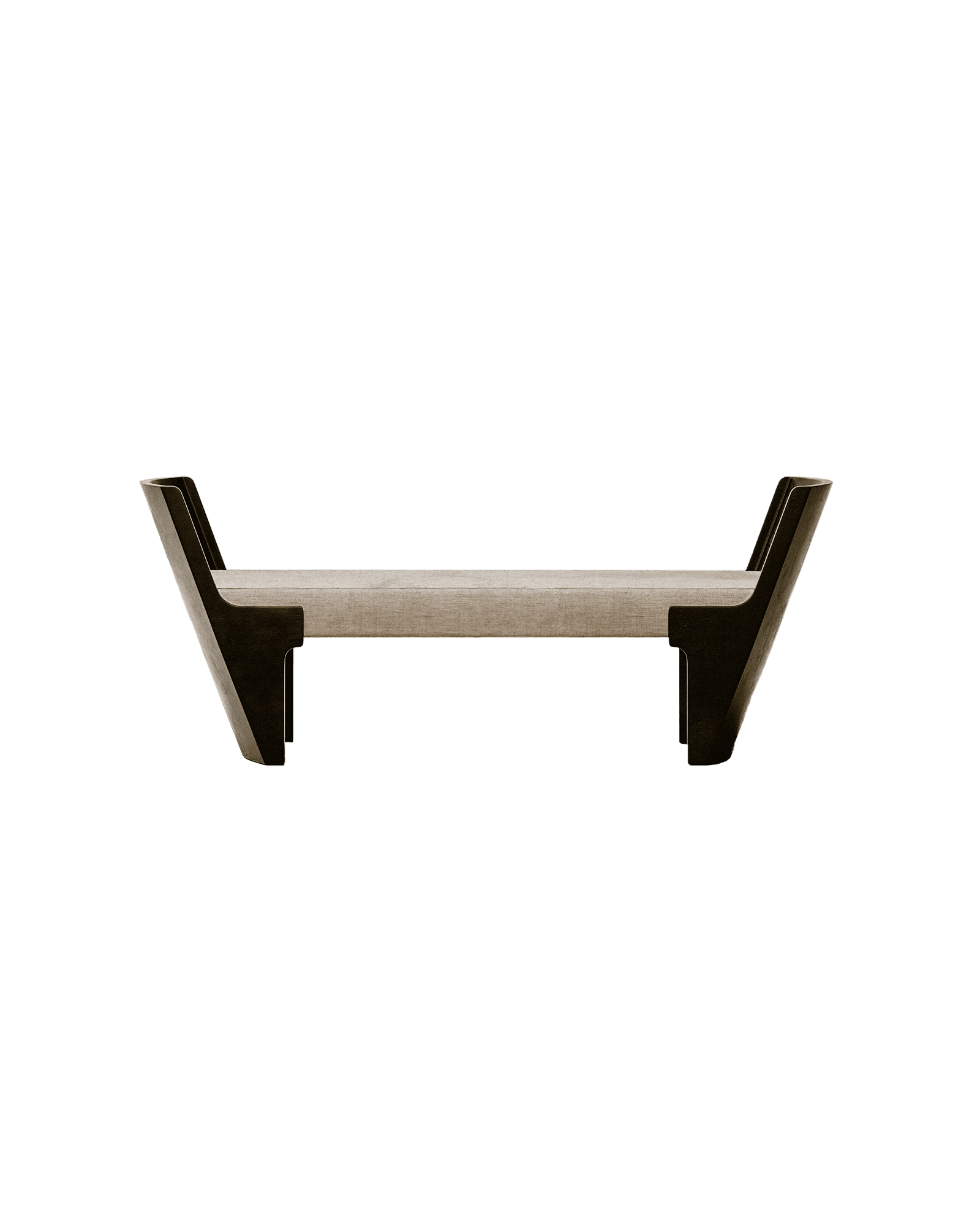 AR05 ESE bench by Amare, light beige textile seat with dark wood wing-shaped end supports, brutalist Italian design