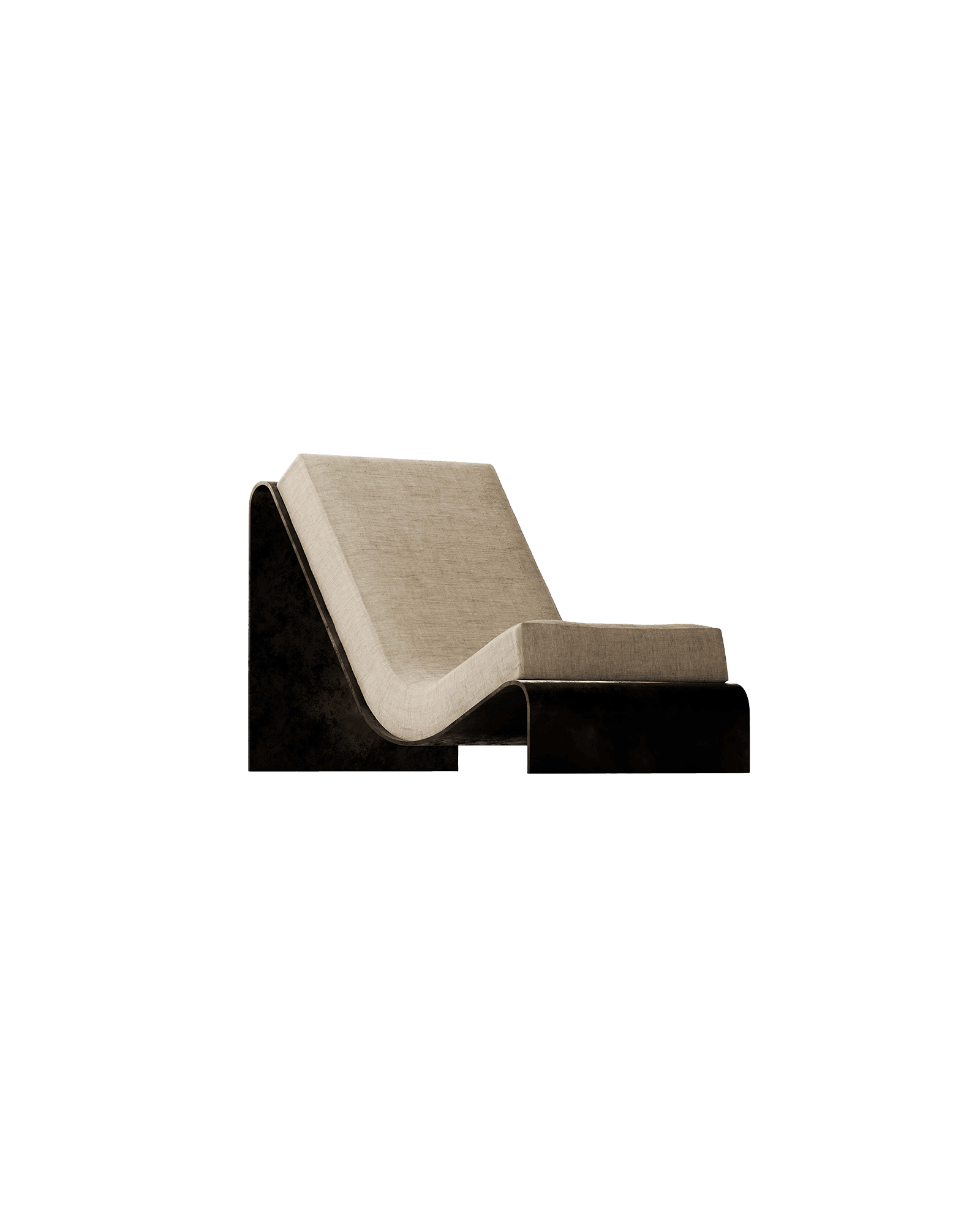 AR11v2 ESE chaise lounge by Amare, S-curve distressed wood base with light beige textile cushion, Italian brutalist design