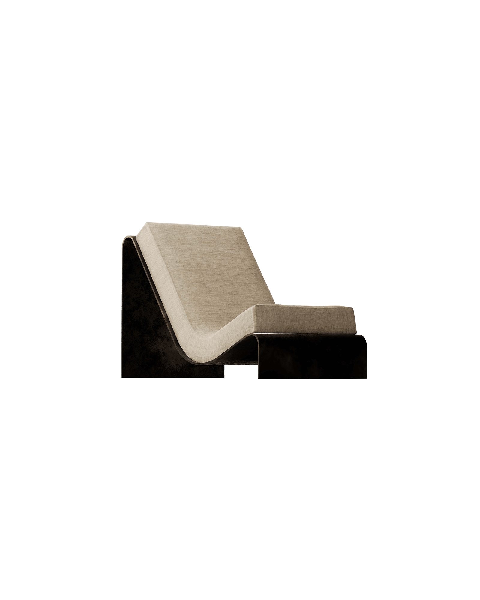 AR11v2 ESE chaise lounge by Amare, S-curve distressed wood base with light beige textile cushion, Italian brutalist design