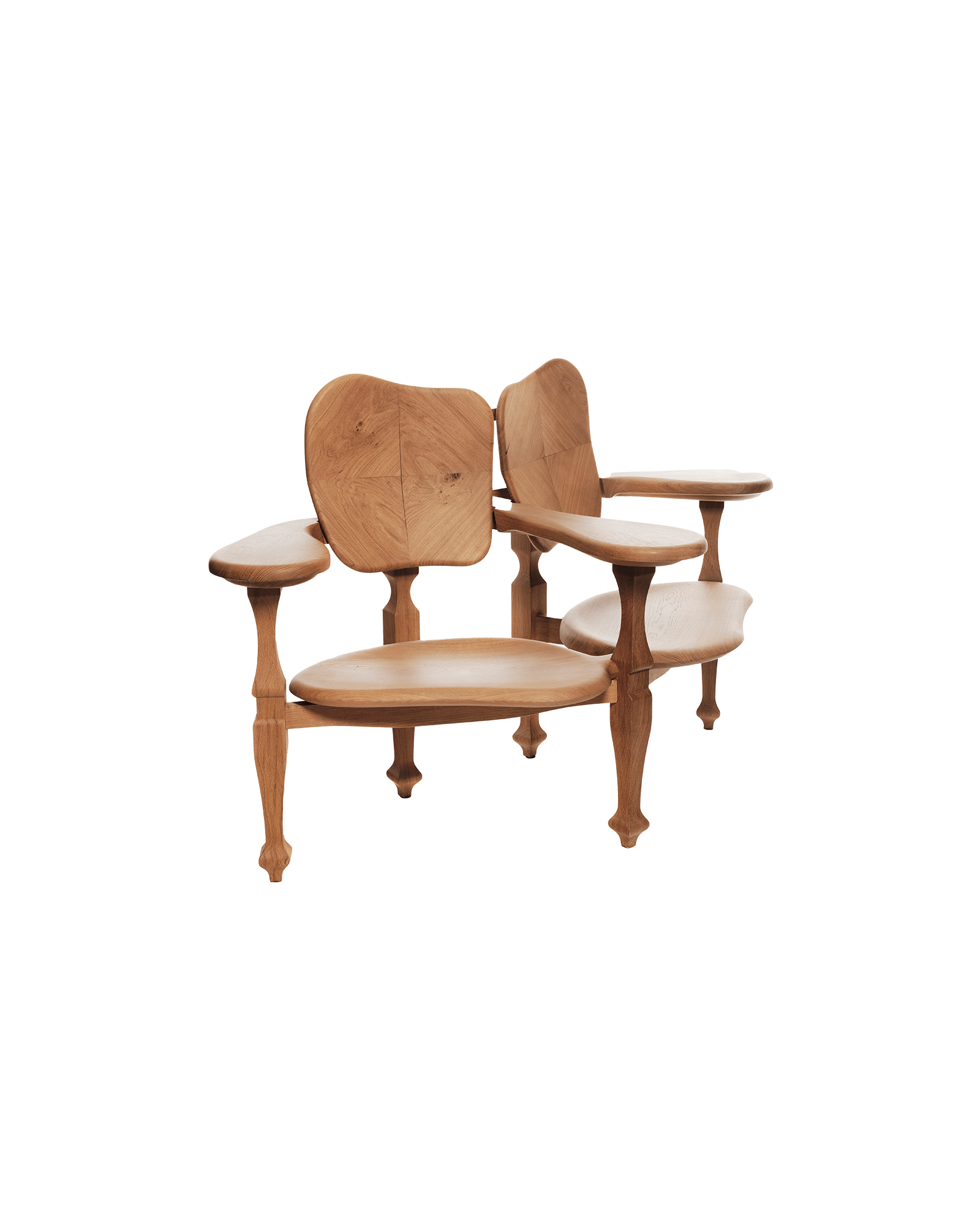 Batlló double bench in light oak with carved square-pattern backrests and tapered legs, Antoni Gaudí by BD Barcelona