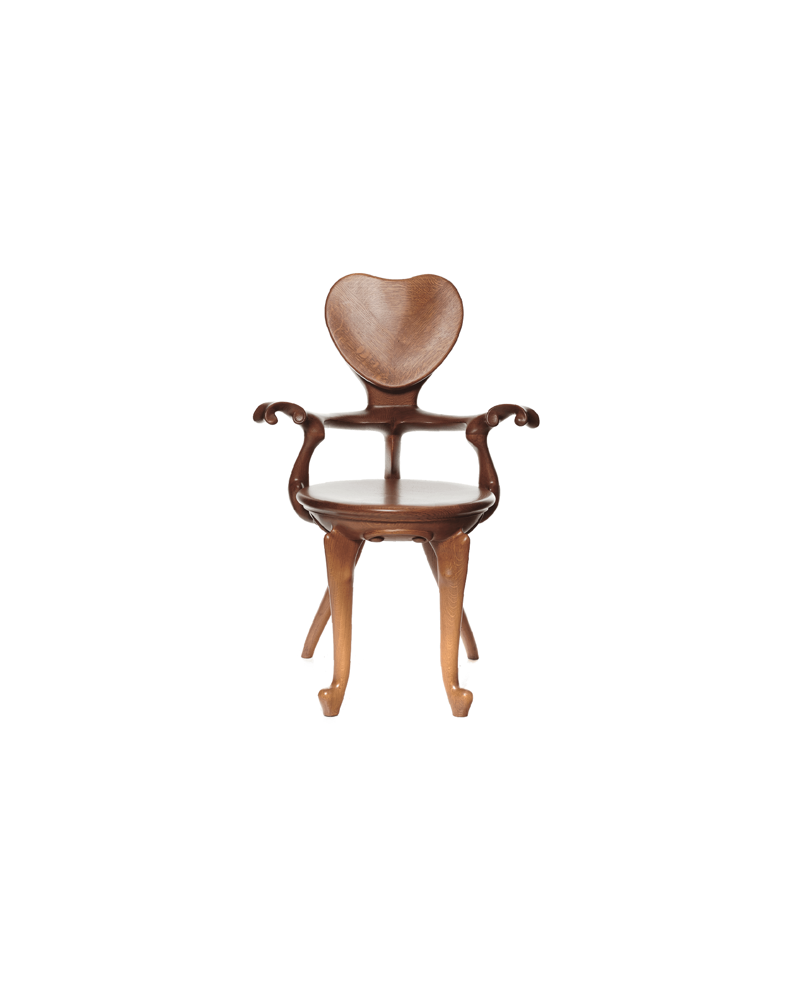 Calvet Armchair in warm brown oak with heart-shaped backrest, scrolled armrests, cabriole legs, Antoni Gaudí by BD Barcelona