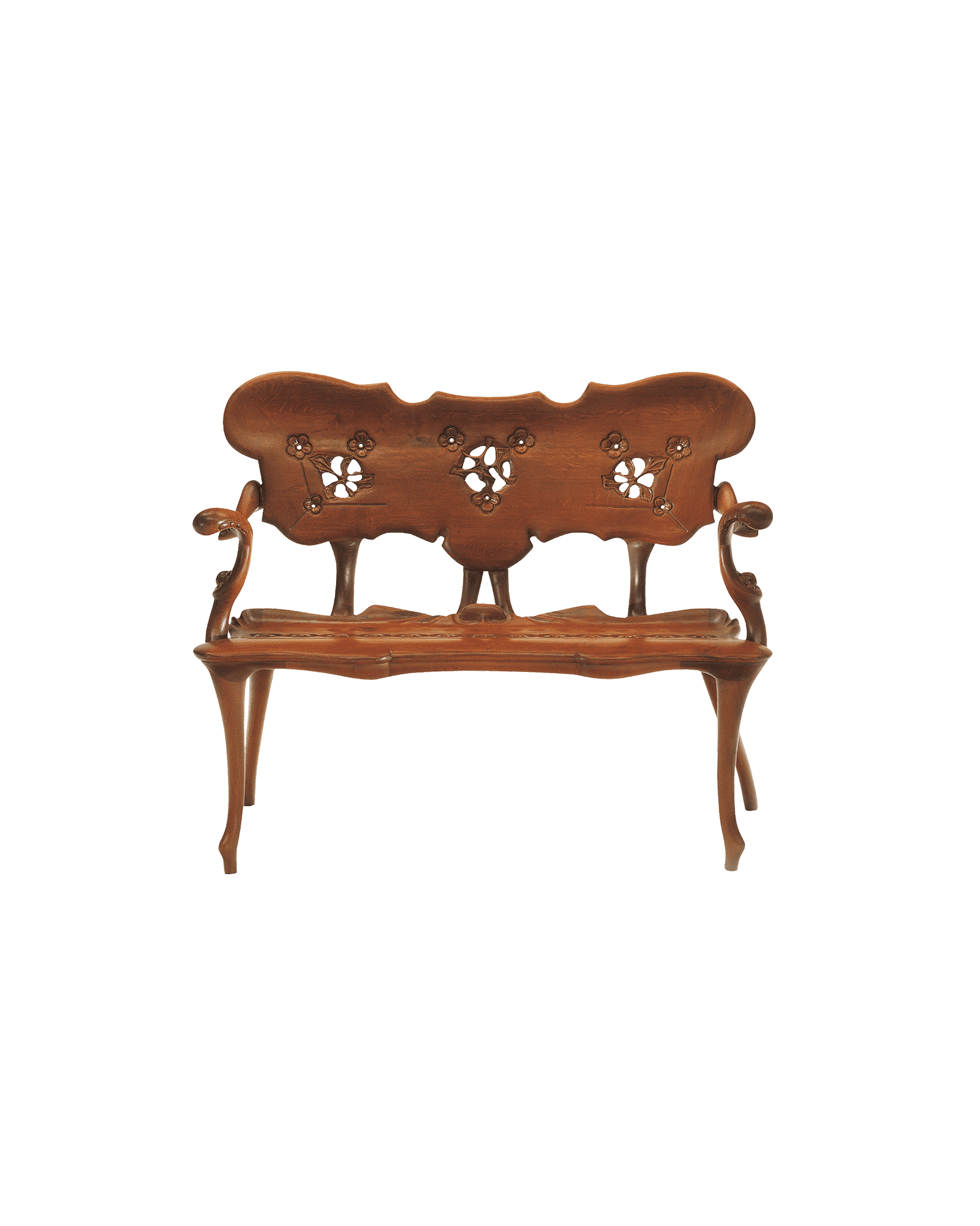 Calvet bench two-seater in oak with curved floral openwork backrest and curvilinear legs, Antoni Gaudí by BD Barcelona