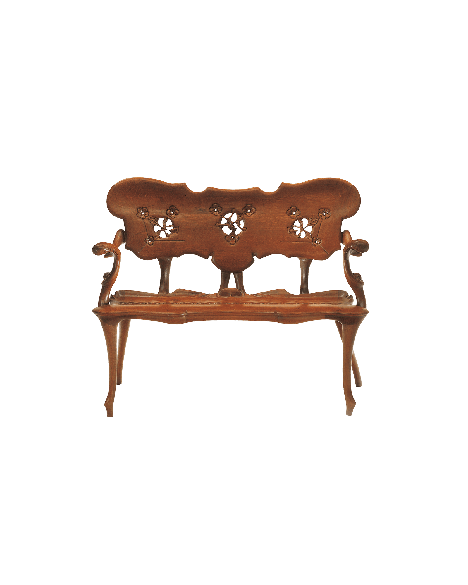 Calvet bench two-seater in oak with curved floral openwork backrest and curvilinear legs, Antoni Gaudí by BD Barcelona
