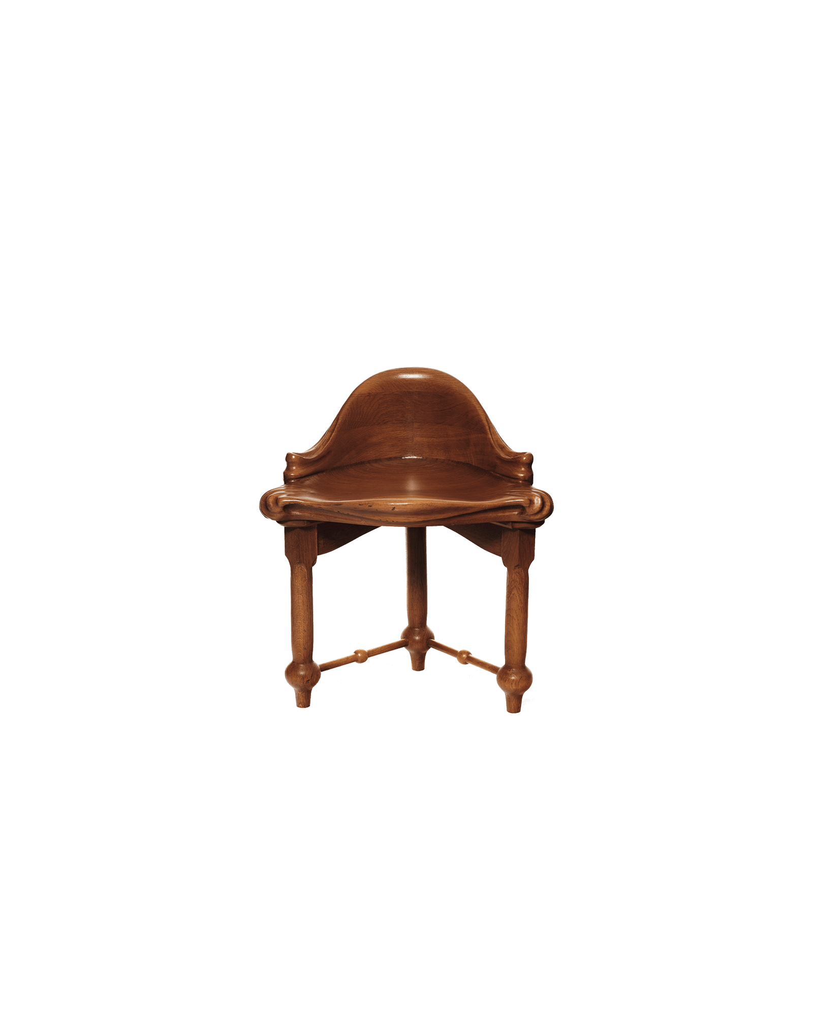 Calvet stool in dark varnished oak with three turned legs, ball feet and sculpted seat, Antoni Gaudí by BD Barcelona