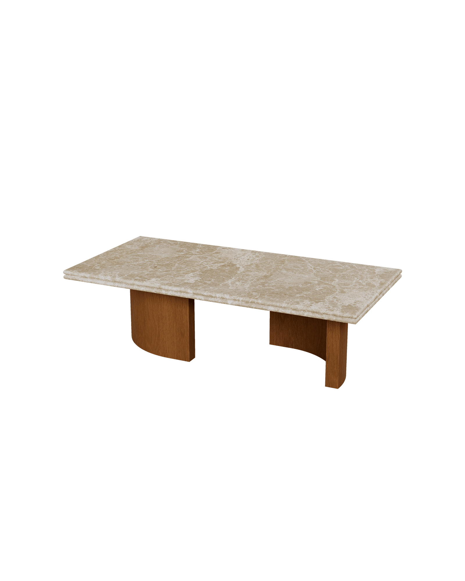 Rectangular stone coffee table, Arcade collection by Yellen Boisseau, beige stone top, curved wood bases
