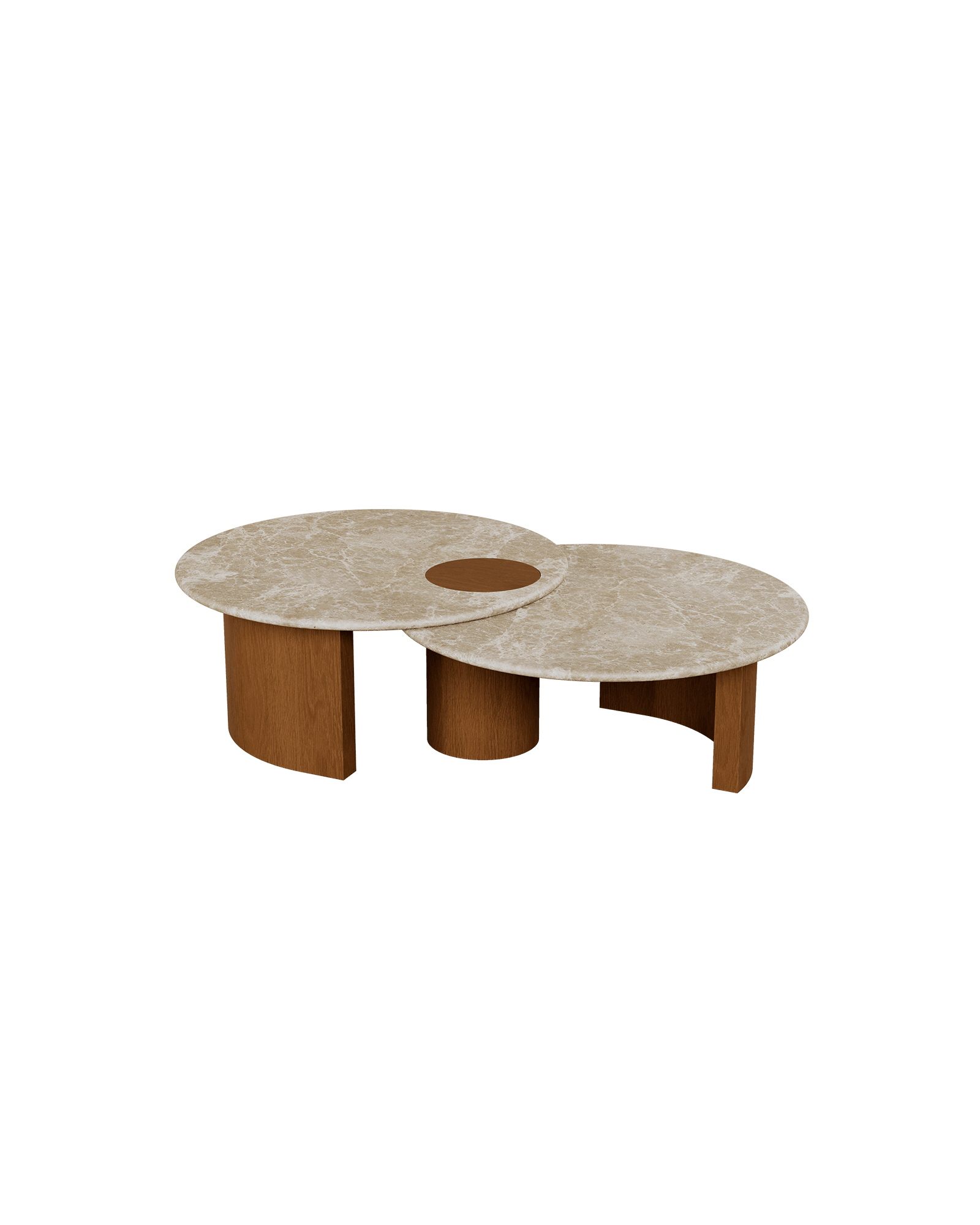 Round stone coffee table with overlapping tops and dark wood inlay, Arcade collection, Yellen Boisseau
