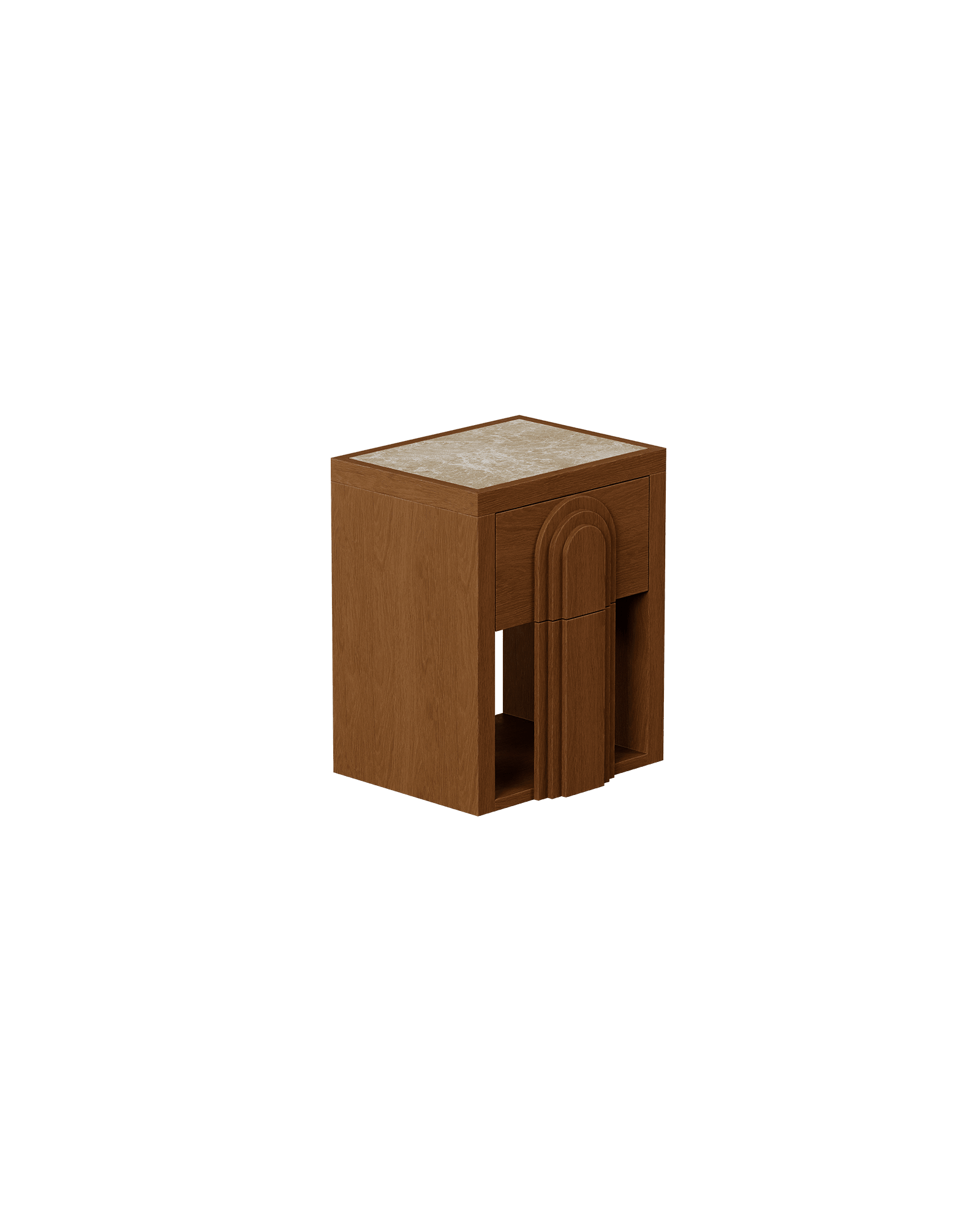 Designer nightstand with stone top and arched wood panel, Arcade collection by Yellen Boisseau