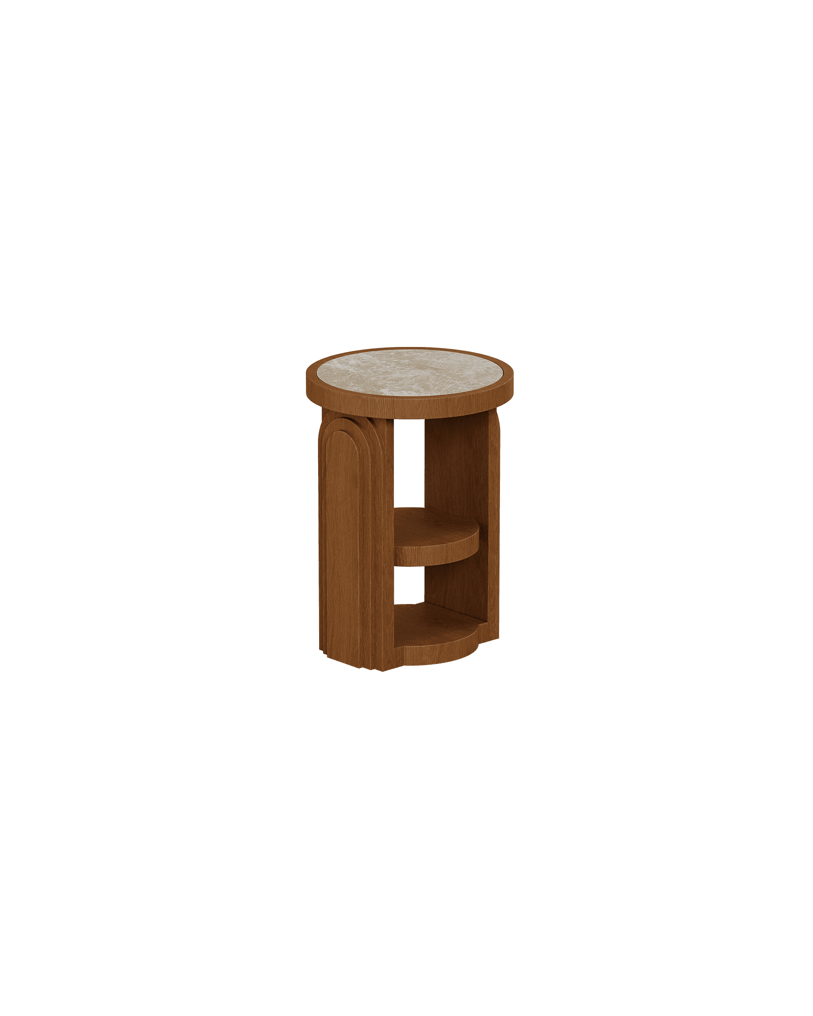 Round stone top side table with arched wood structure, Arcade collection by Yellen Boisseau