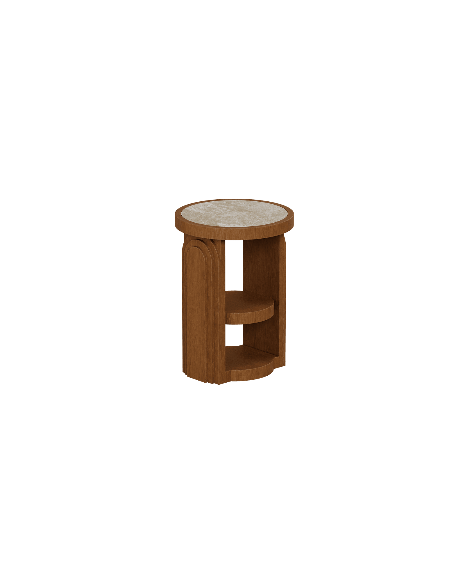 Round stone top side table with arched wood structure, Arcade collection by Yellen Boisseau
