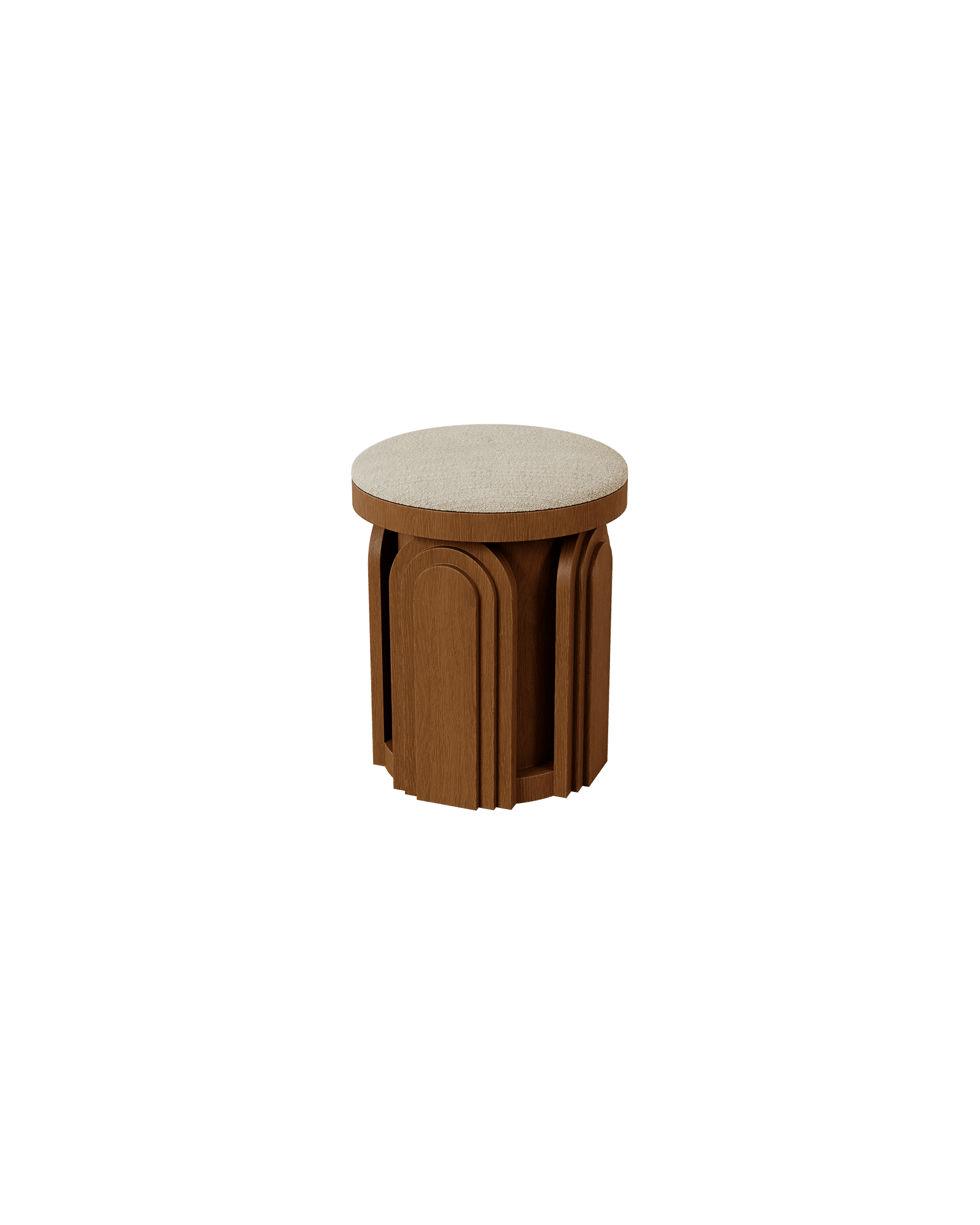 Round upholstered stool with arched wood base, Arcade collection by Yellen Boisseau, Paris designer