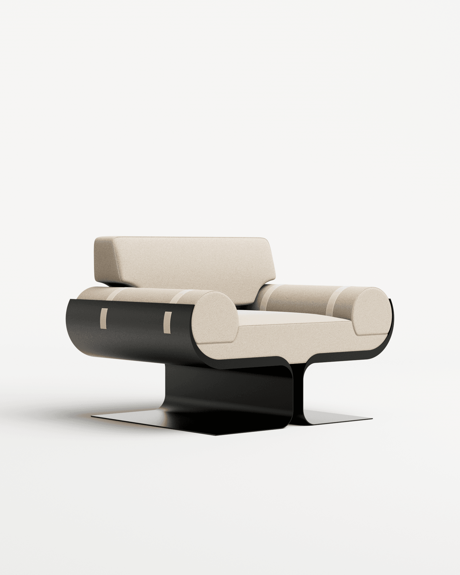Arès armchair by Roche & Frères - black mat steel frame, beige Perla velvet, sculptural curves