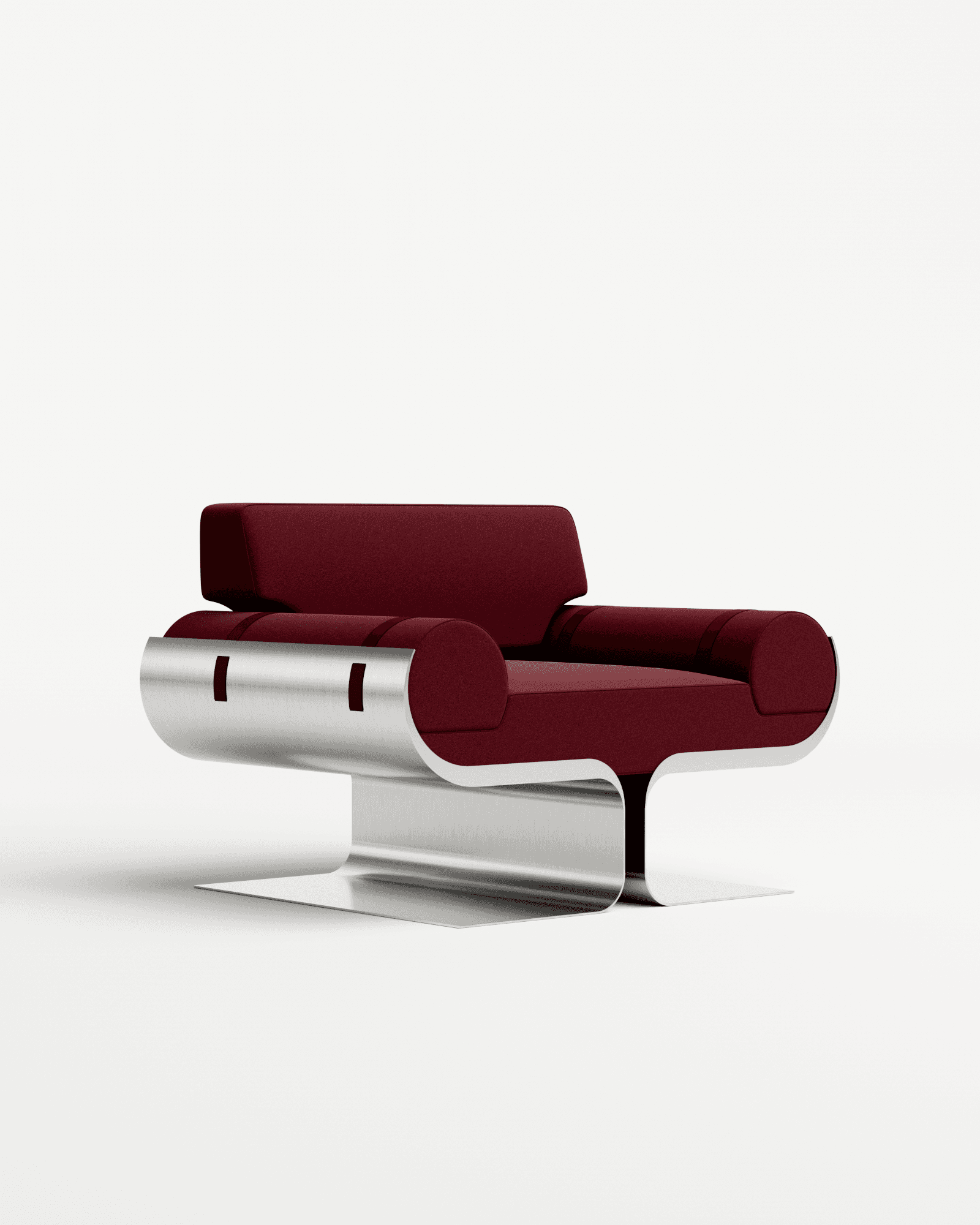 Arès armchair by Roche & Frères - brushed stainless steel frame, deep red Wine velvet, sculptural curves