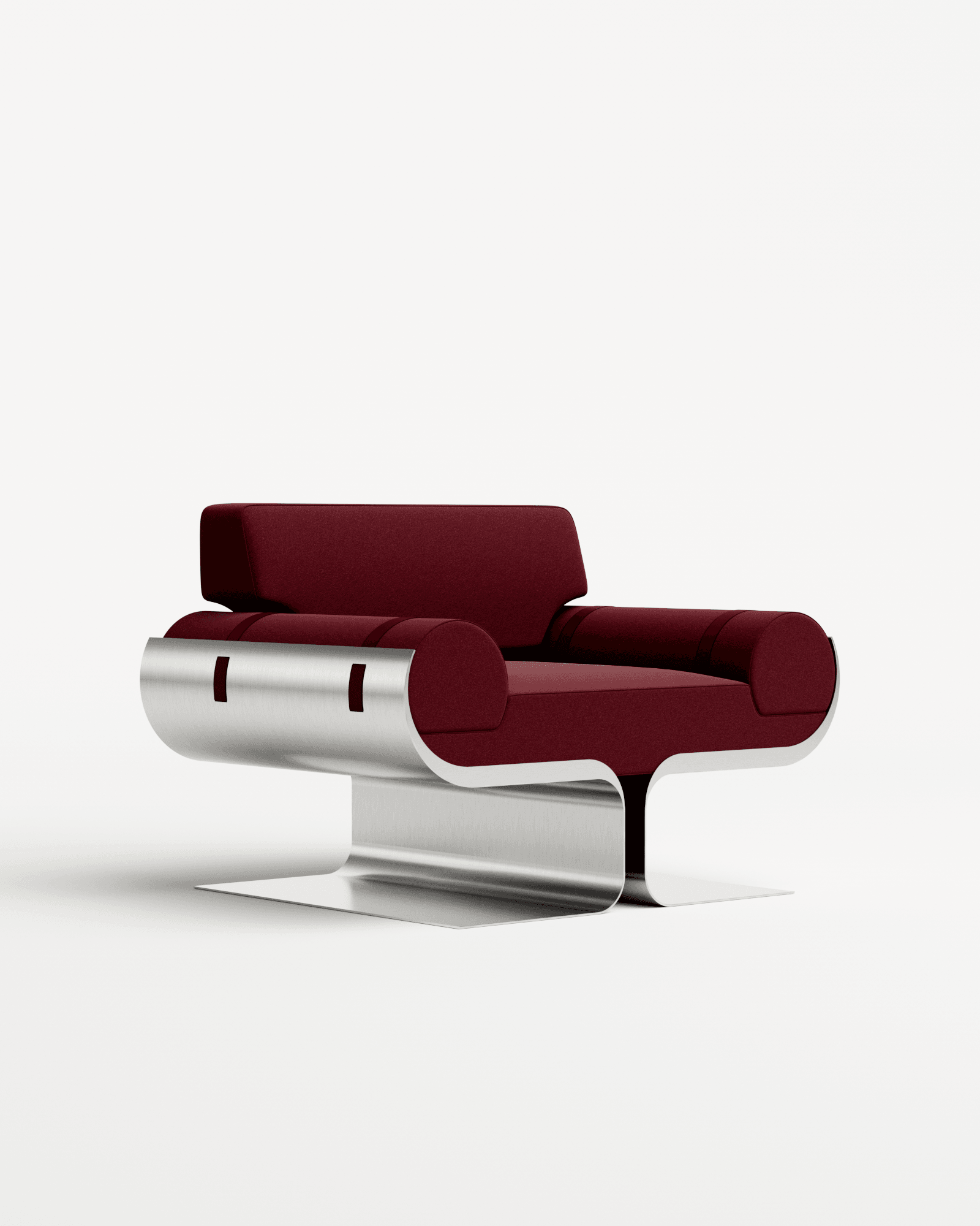 Arès armchair by Roche & Frères - brushed stainless steel frame, deep red Wine velvet, sculptural curves