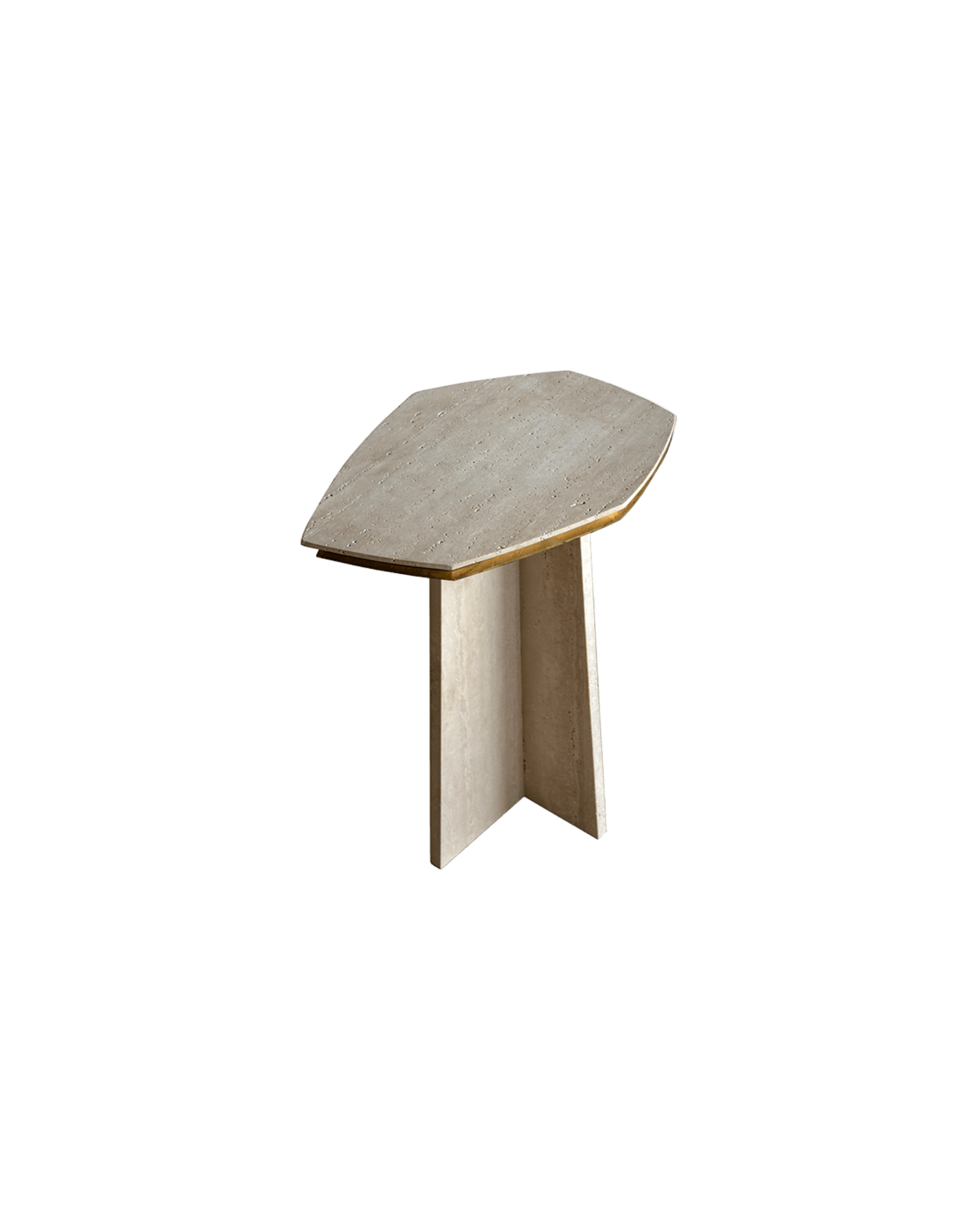 ATRA 2100 Geometrik Side Table - polygonal travertine top with brass edge on intersecting stone panel base