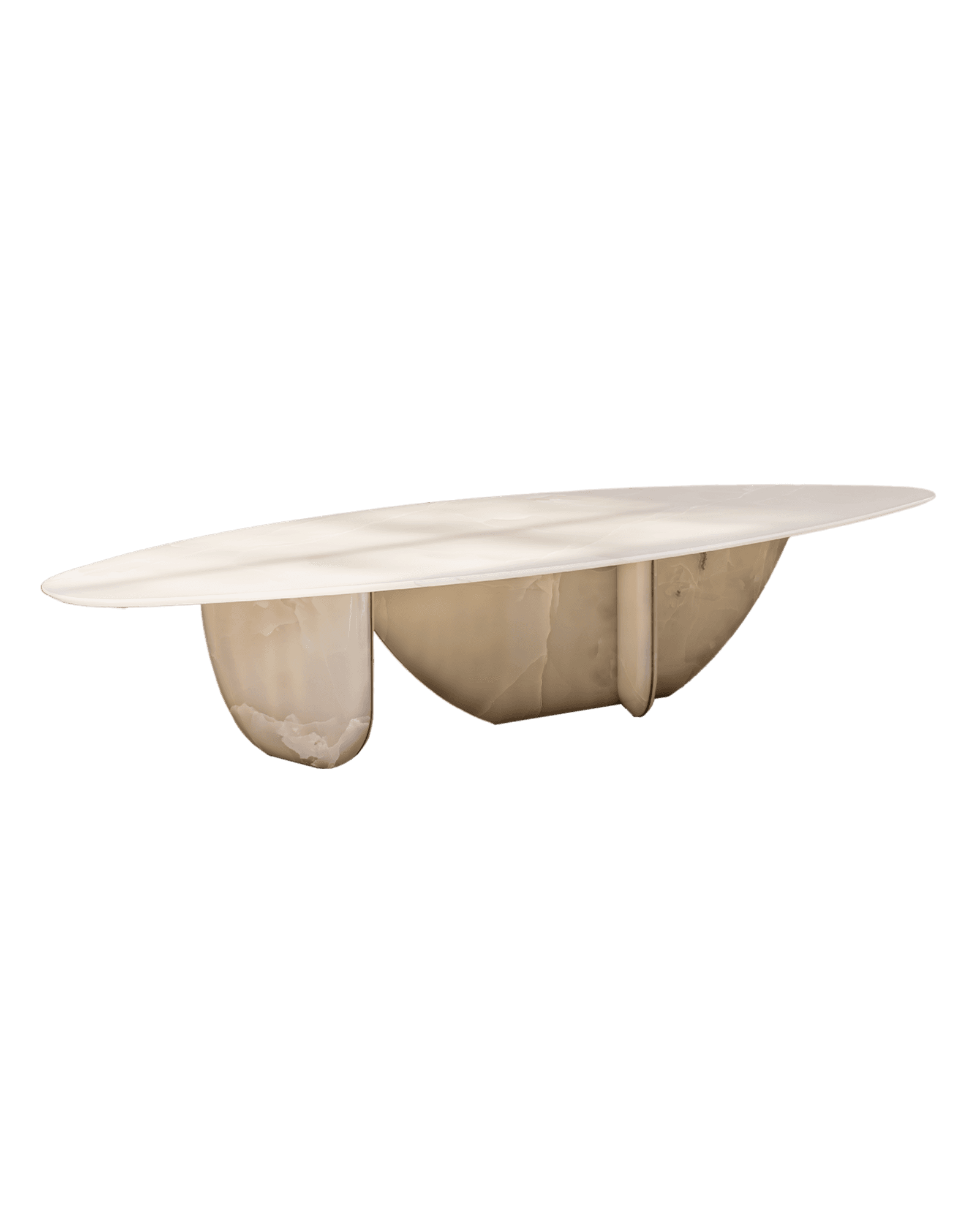 ATRA 2100 Pebble Coffee Table - oval cream top floating on asymmetric translucent onyx sculptural bases