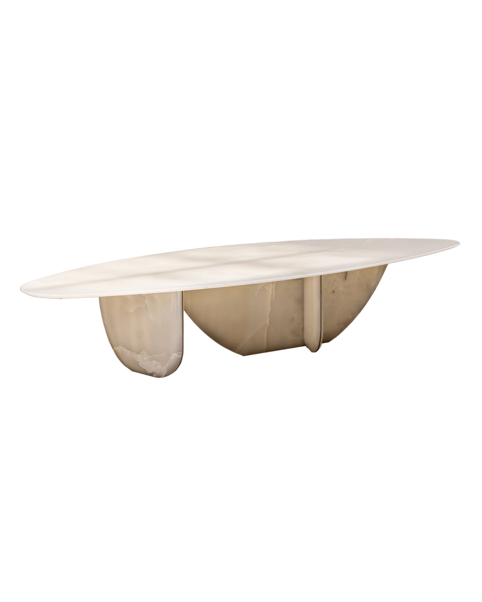 ATRA 2100 Pebble Coffee Table - oval cream top floating on asymmetric translucent onyx sculptural bases