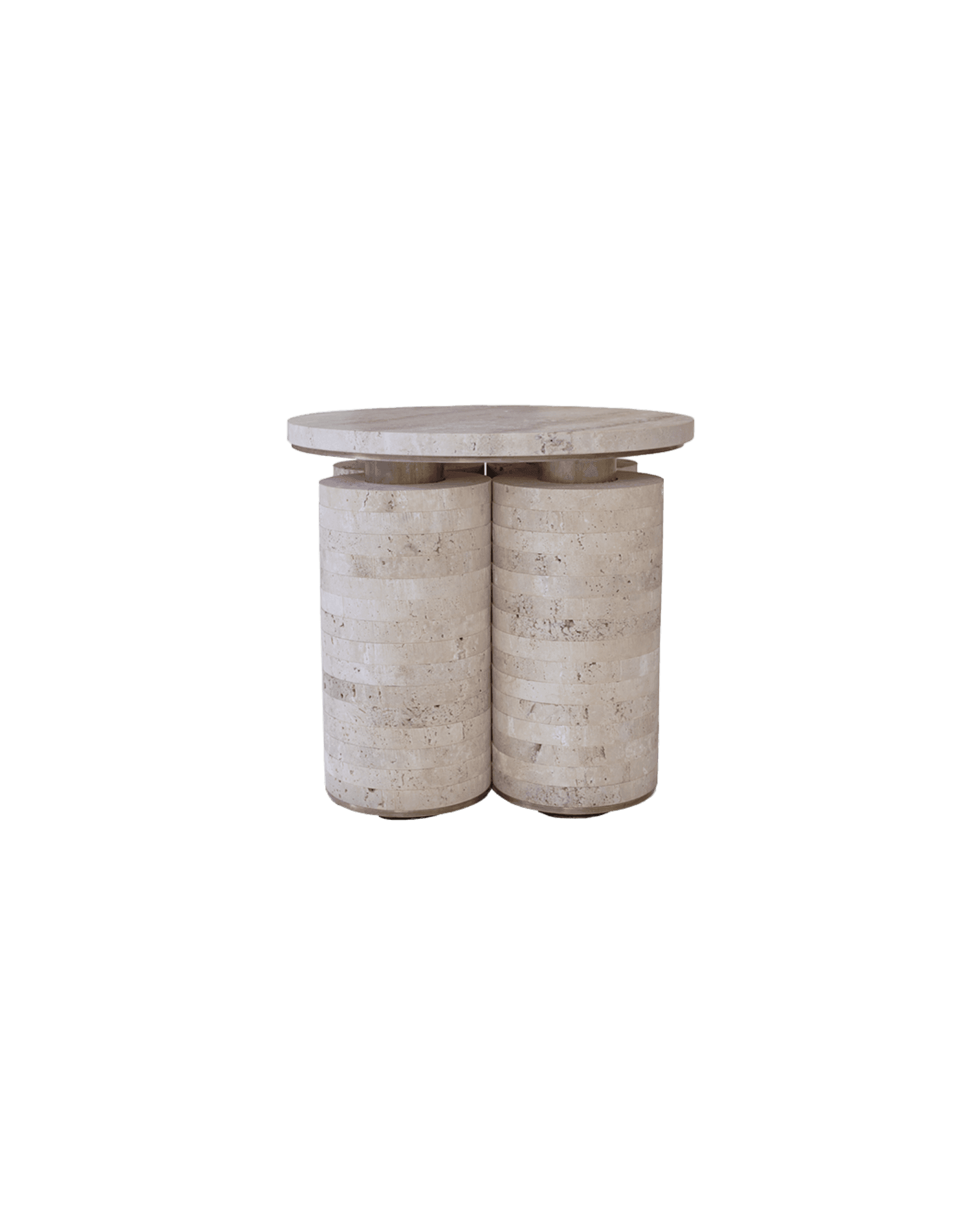 ATRA 2100 Trillith Side Table - round travertine top on two stacked cylindrical stone column bases with metallic accents