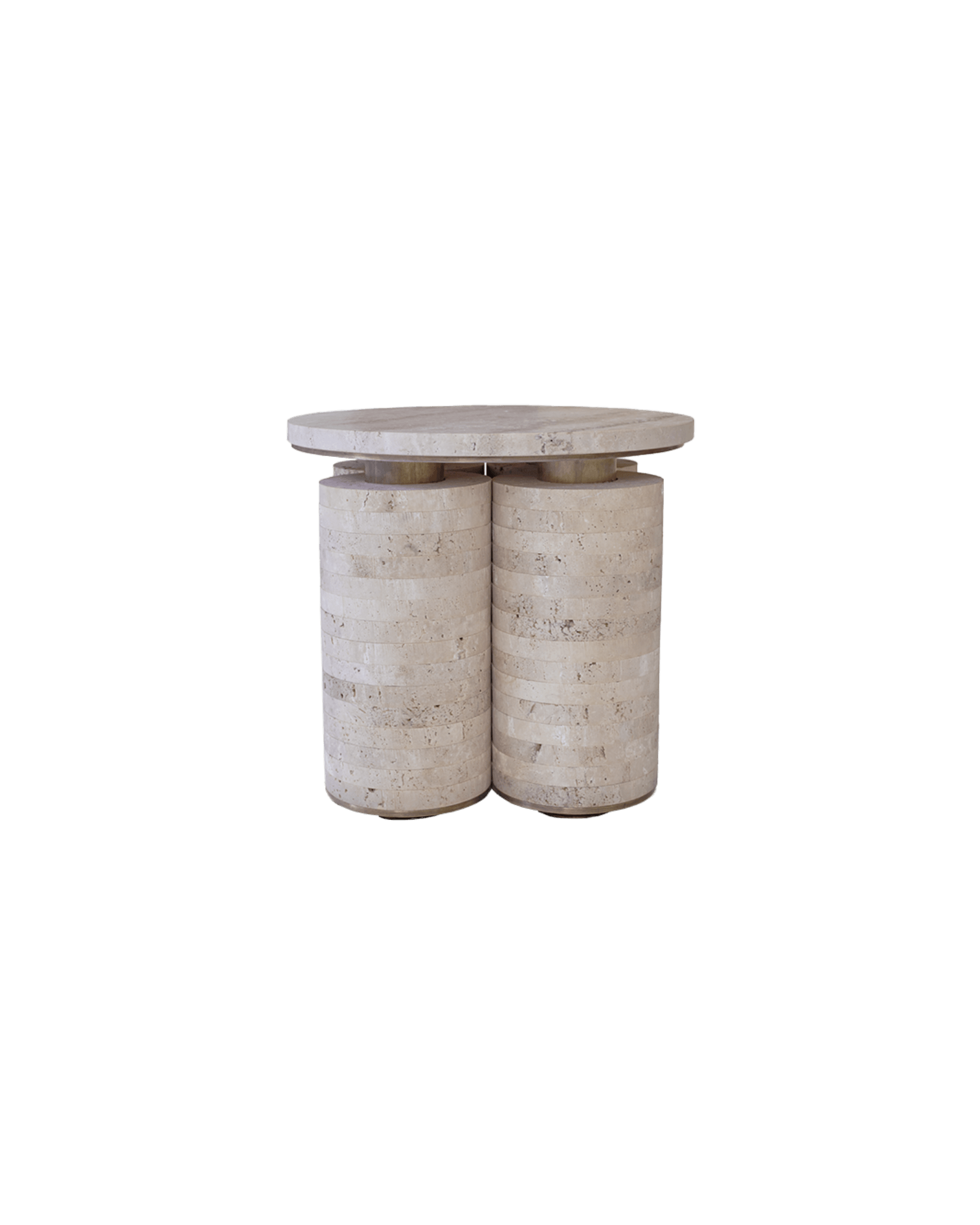 ATRA 2100 Trillith Side Table - round travertine top on two stacked cylindrical stone column bases with metallic accents