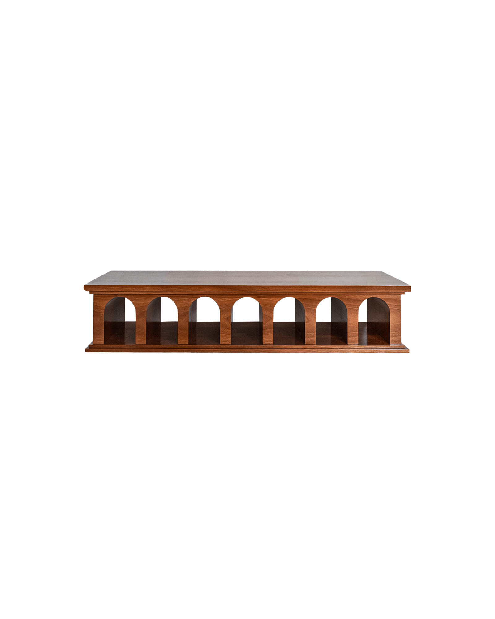 Athens Coffee Table by Barracuda Interiors – solid wood table with eight arched front compartments, medium brown grain
