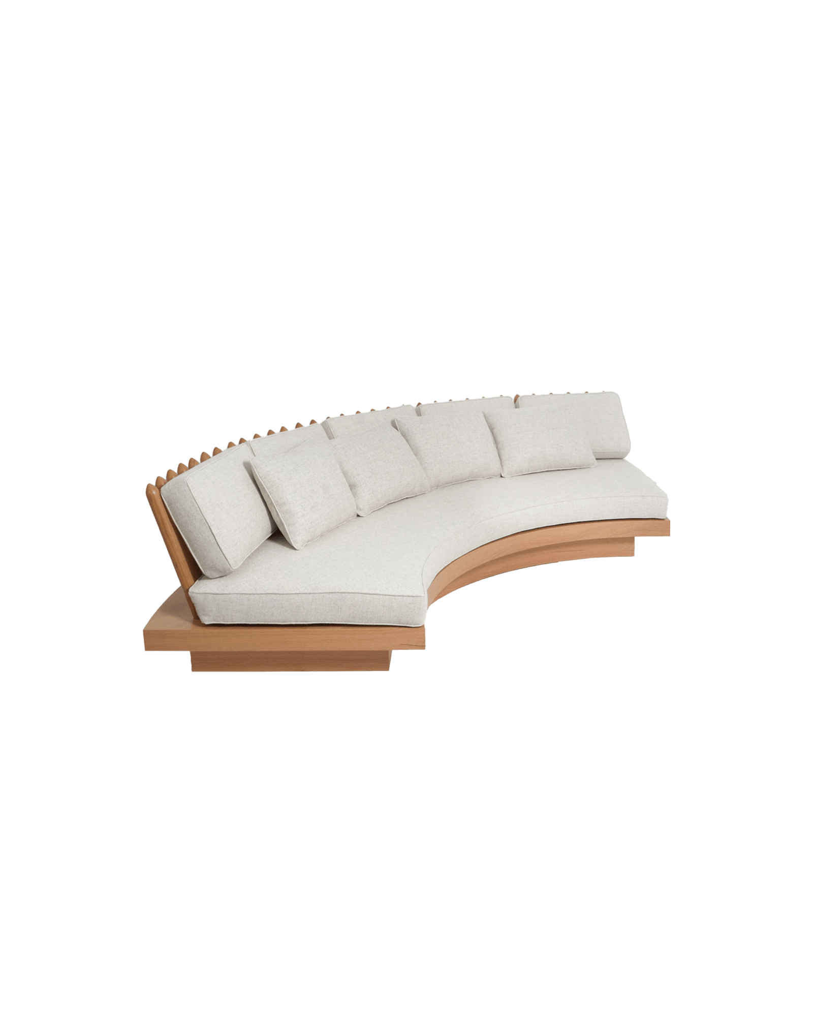San Romano Sofa by Barracuda Interiors – curved sofa with light wood frame, off-white cushions and vertical slat backrest