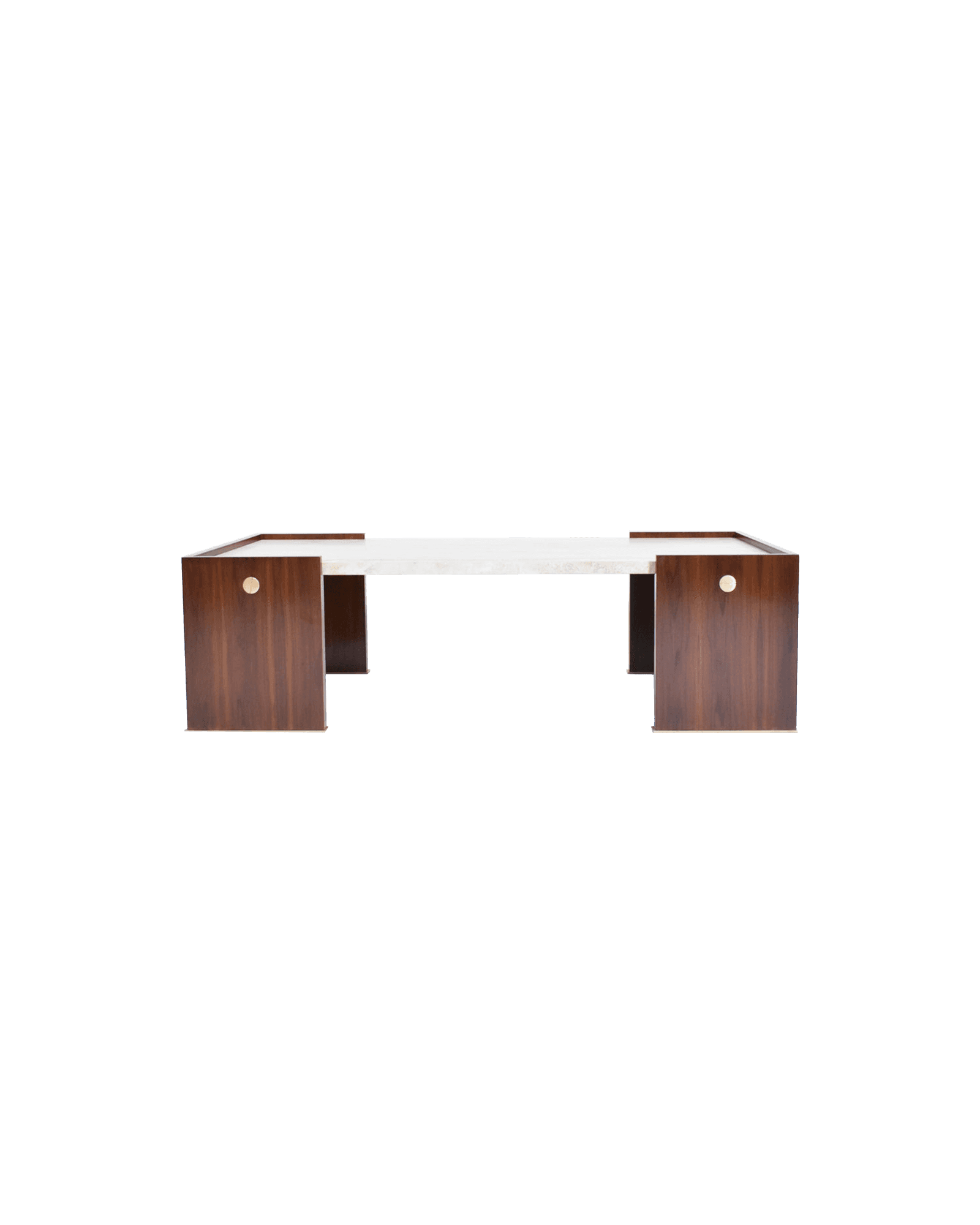 Villandry Coffee Table by Barracuda Interiors – veined stone top on dark wood base with circular gold metal accents